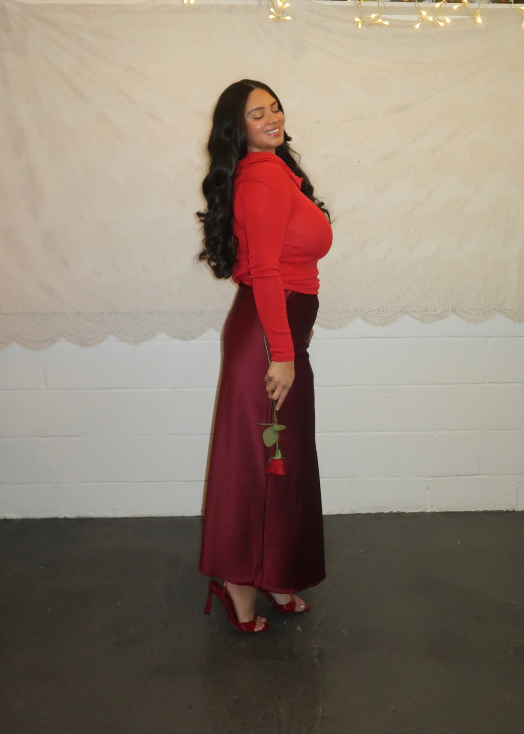 Burgundy maxi satin skirt