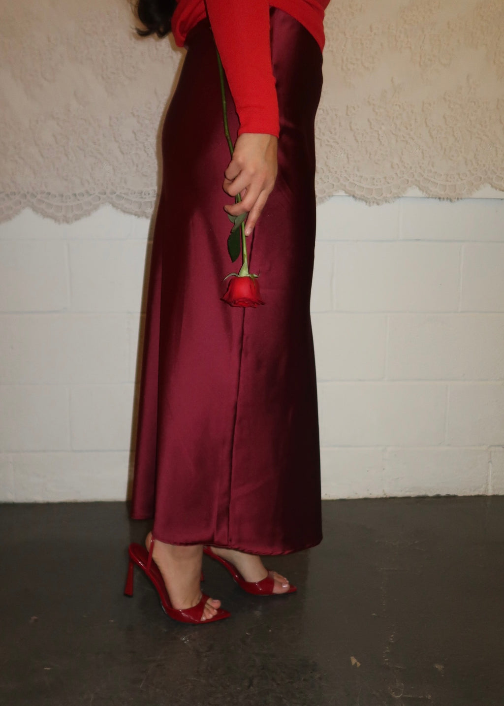Burgundy maxi satin skirt