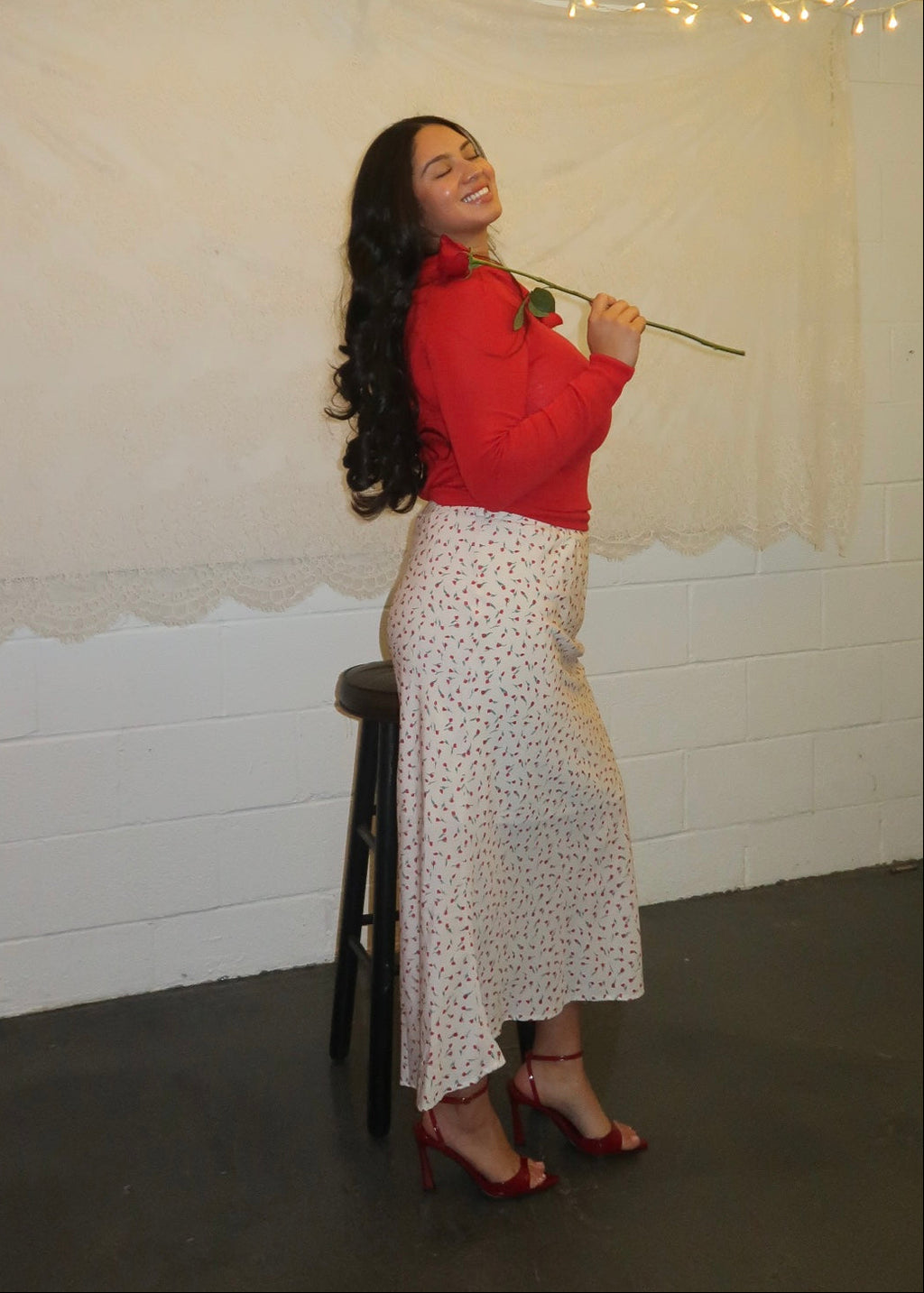 off white, cream, red floral maxi skirt