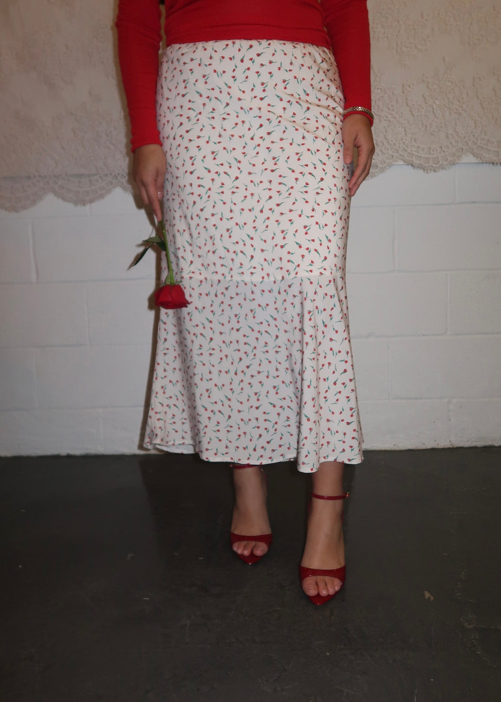 off white, cream, red floral maxi skirt
