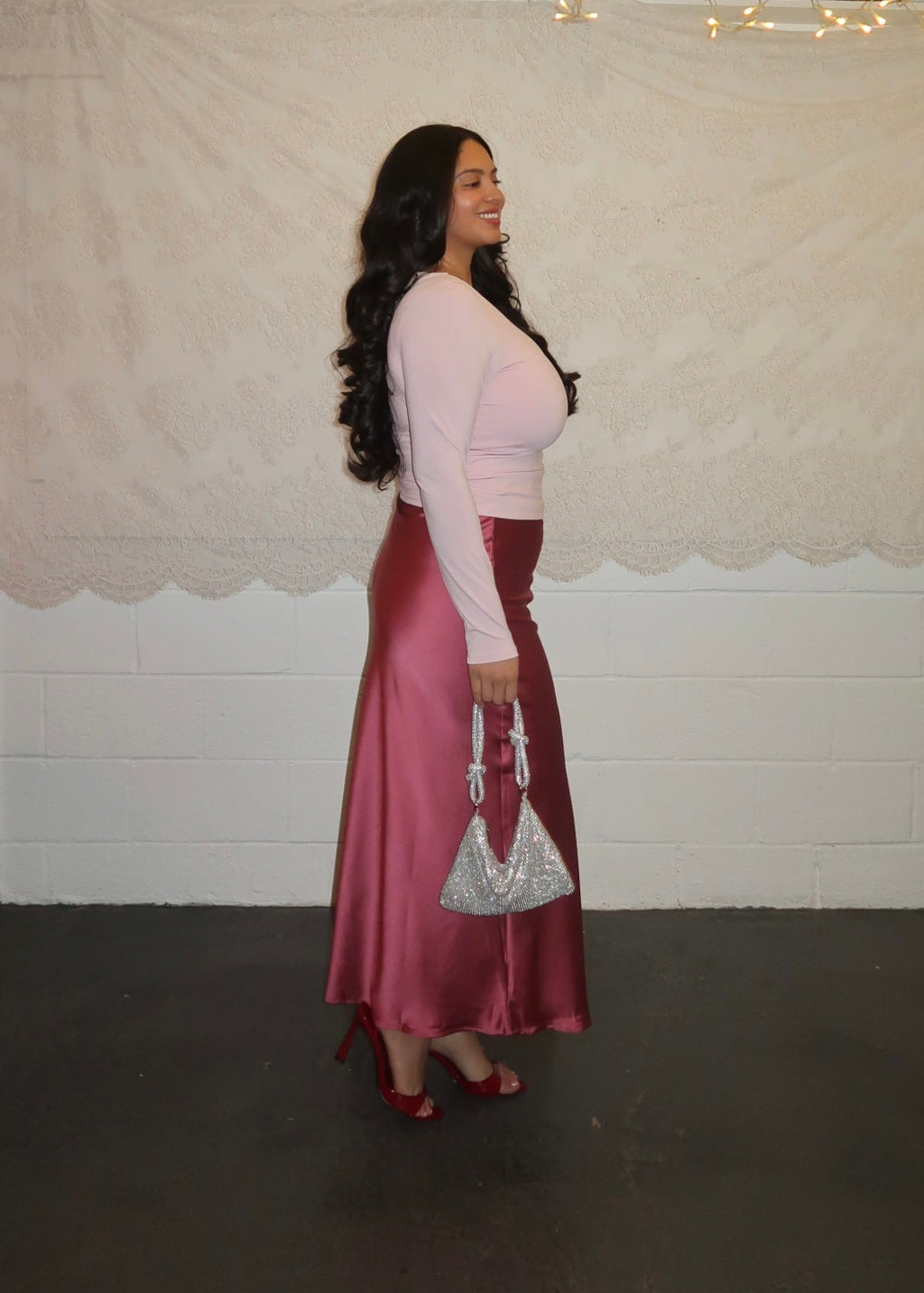 dark pink maxi satin skirt 