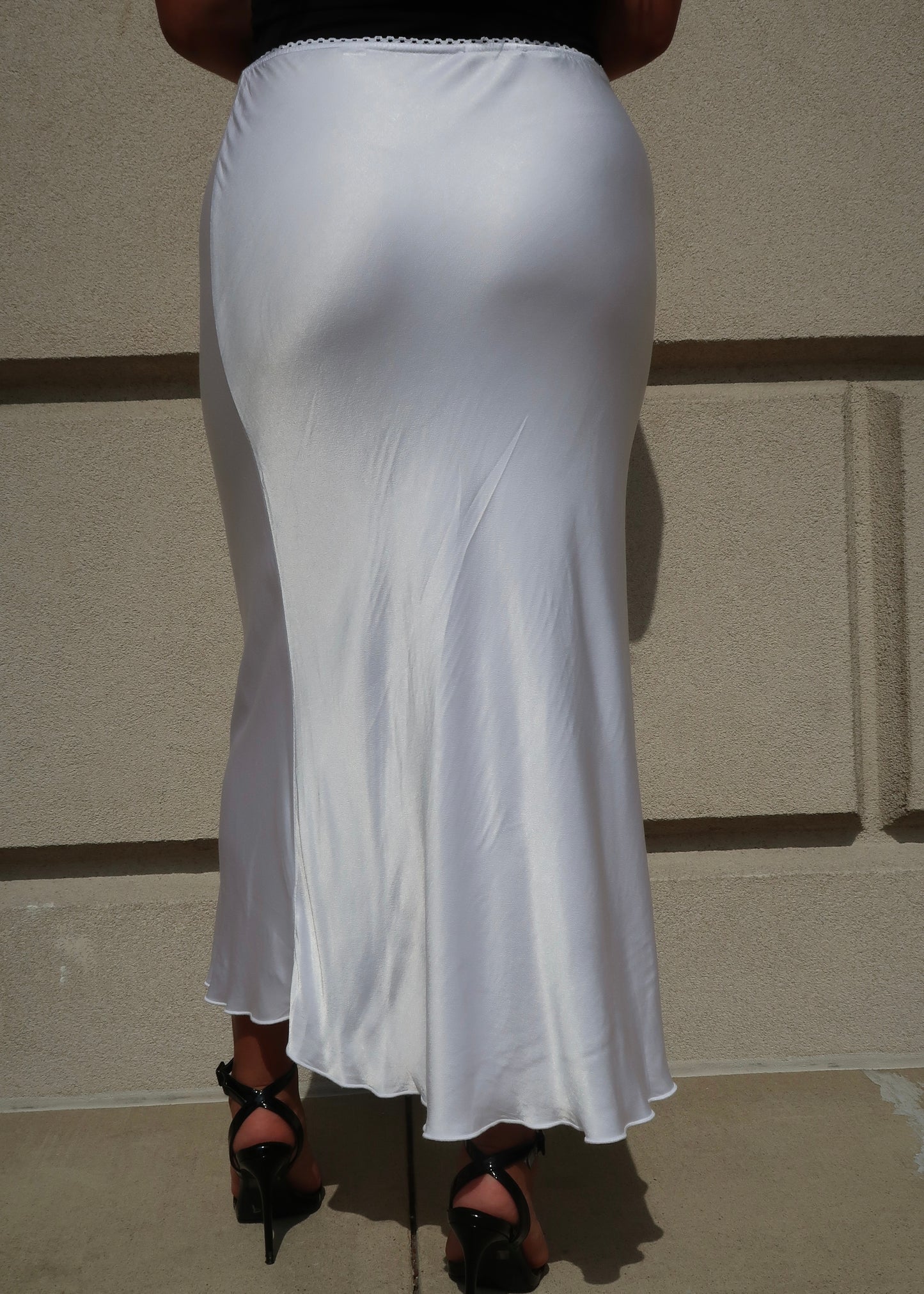 white midi maxi satin slip skirt