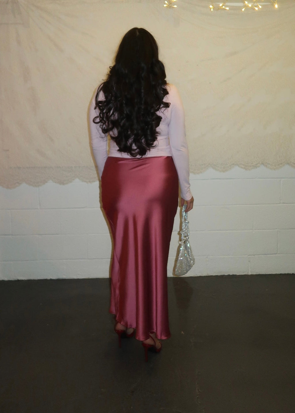 dark pink maxi satin skirt 