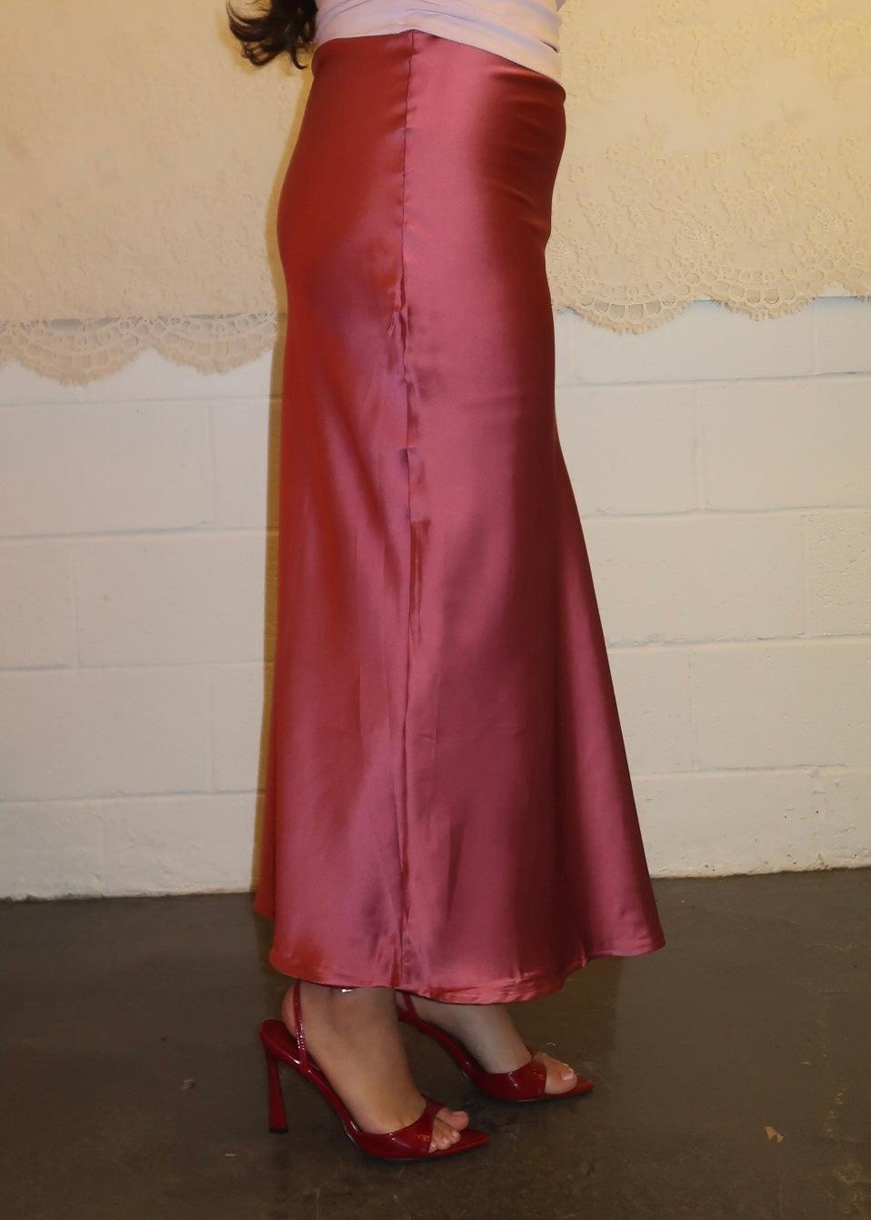 dark pink maxi satin skirt 