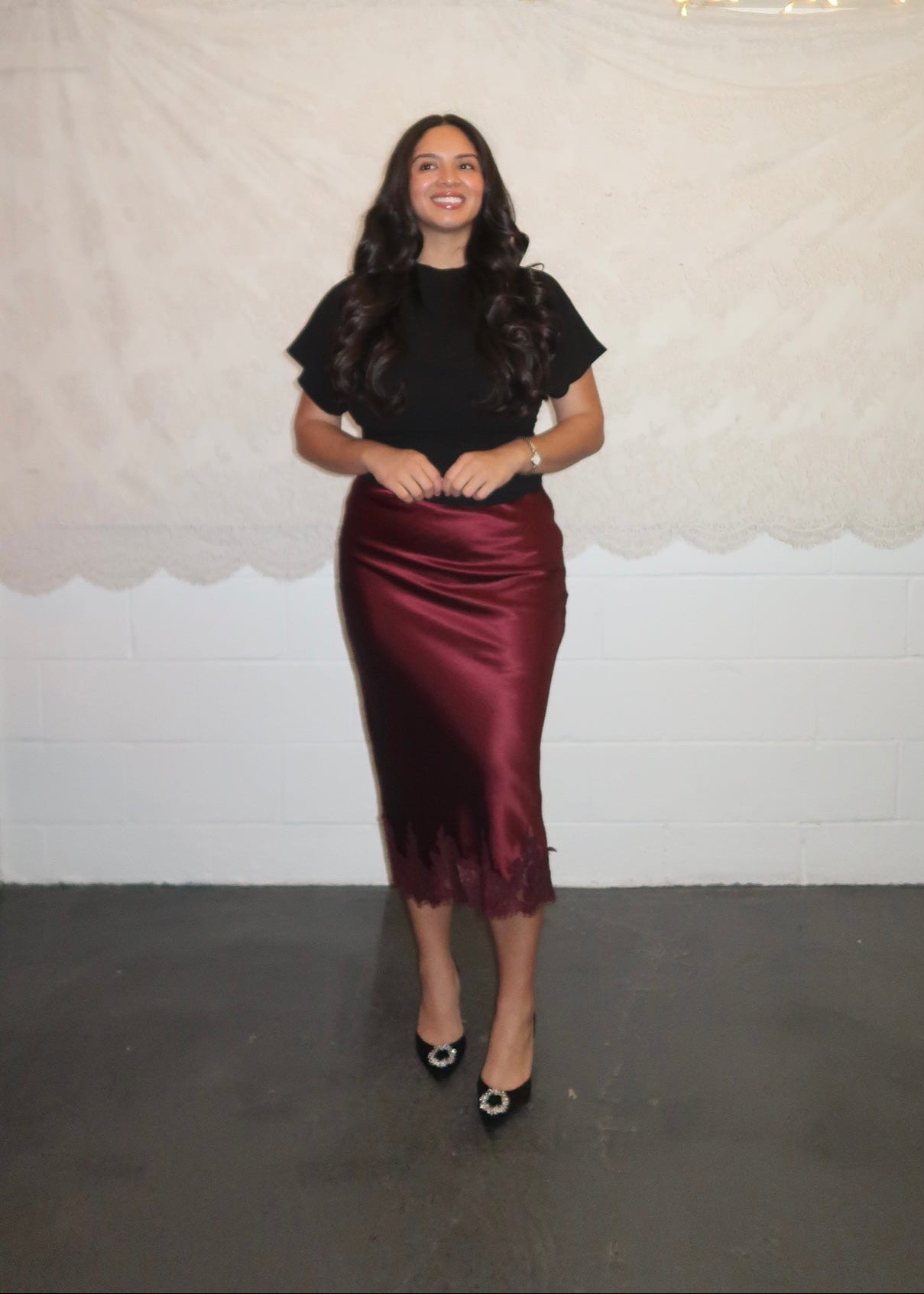 Wine satin lace midi skirt 