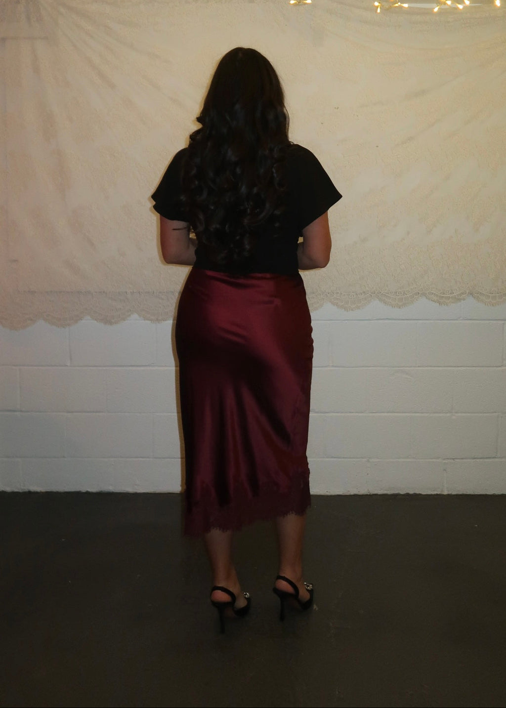 Wine satin lace midi skirt 