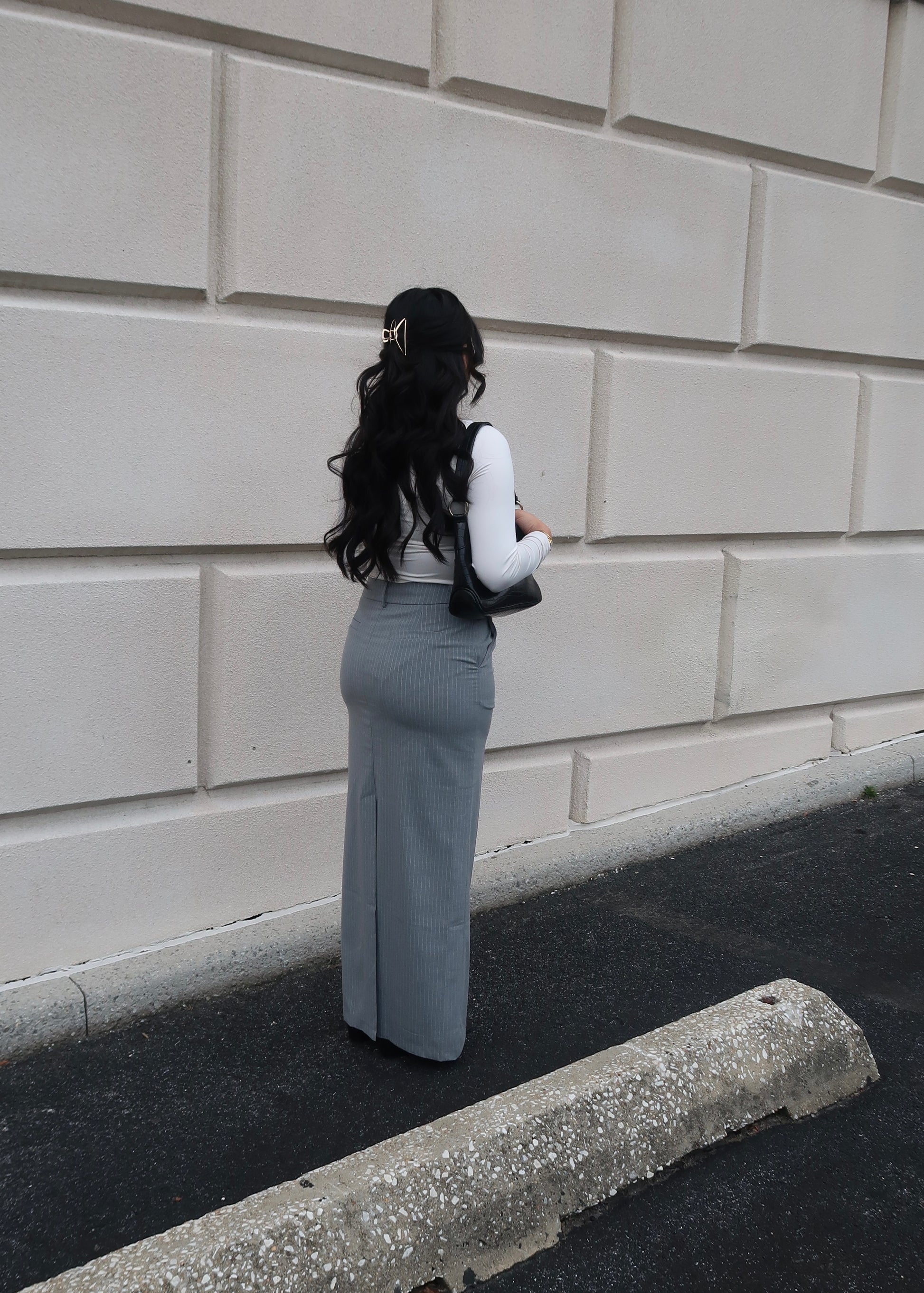 Light grey pinstripe maxi skirt, back slit