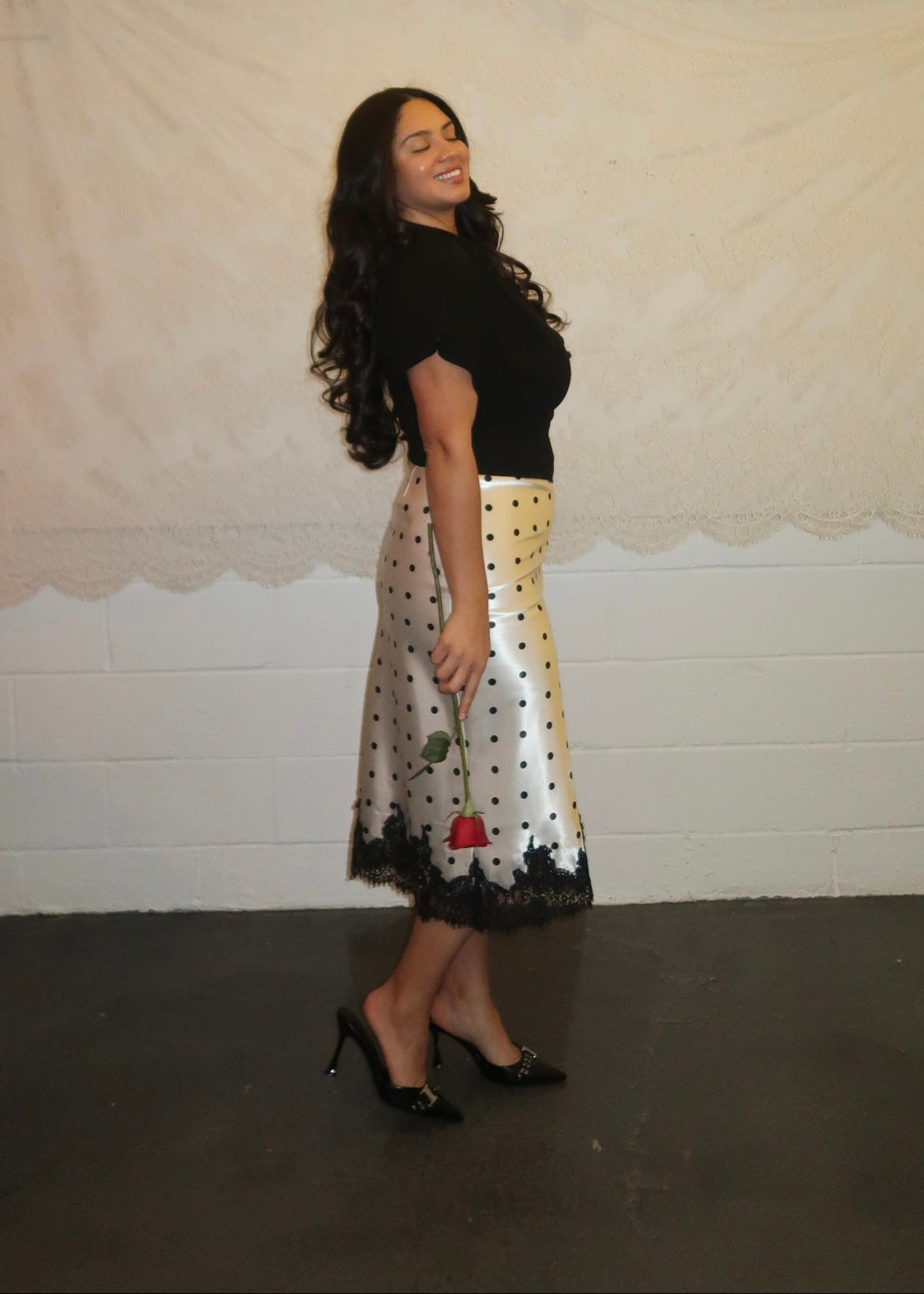 polka dot satin midi skirt, lace trim 