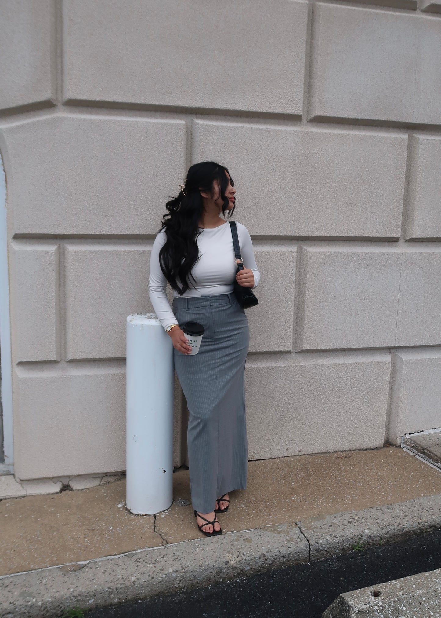 Light grey pinstripe maxi skirt, back slit