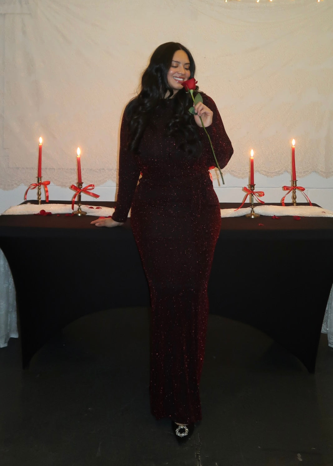 black red striped maxi floor length dress, dolman sleeves, long sleeves