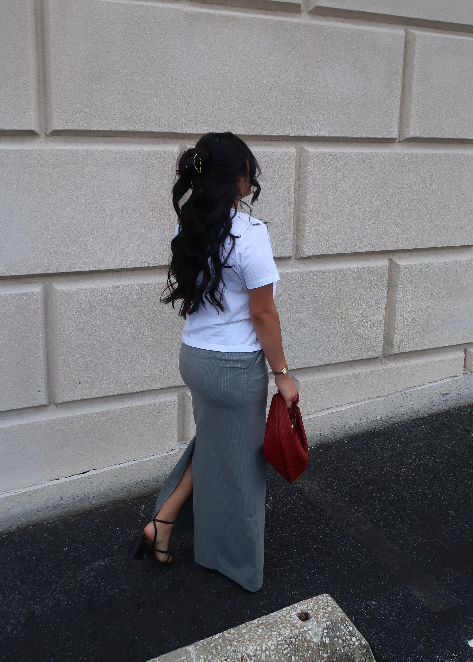 Light grey pinstripe maxi skirt, back slit