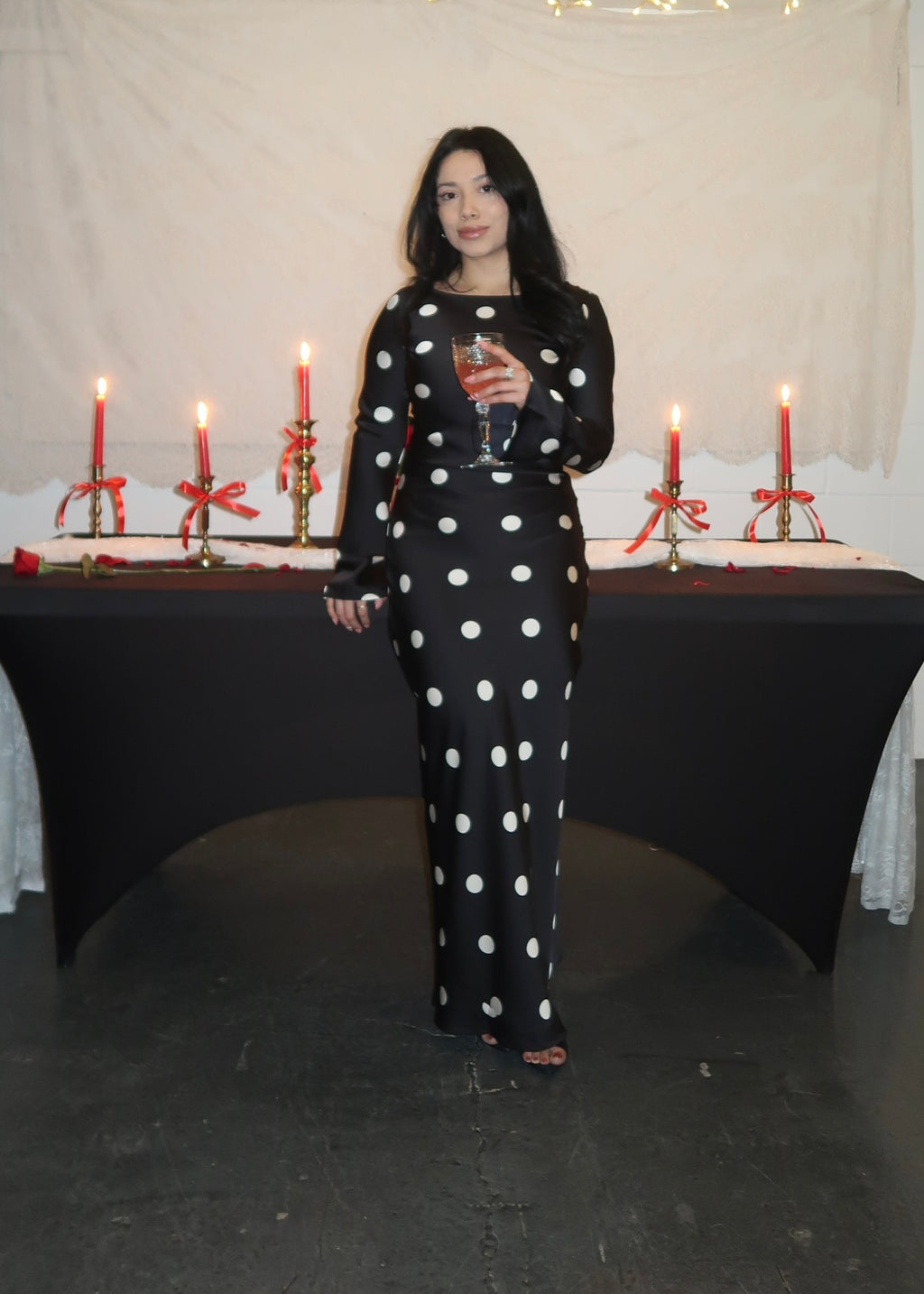 black polka dot maxi satin dress, long sleeve, flare sleeve