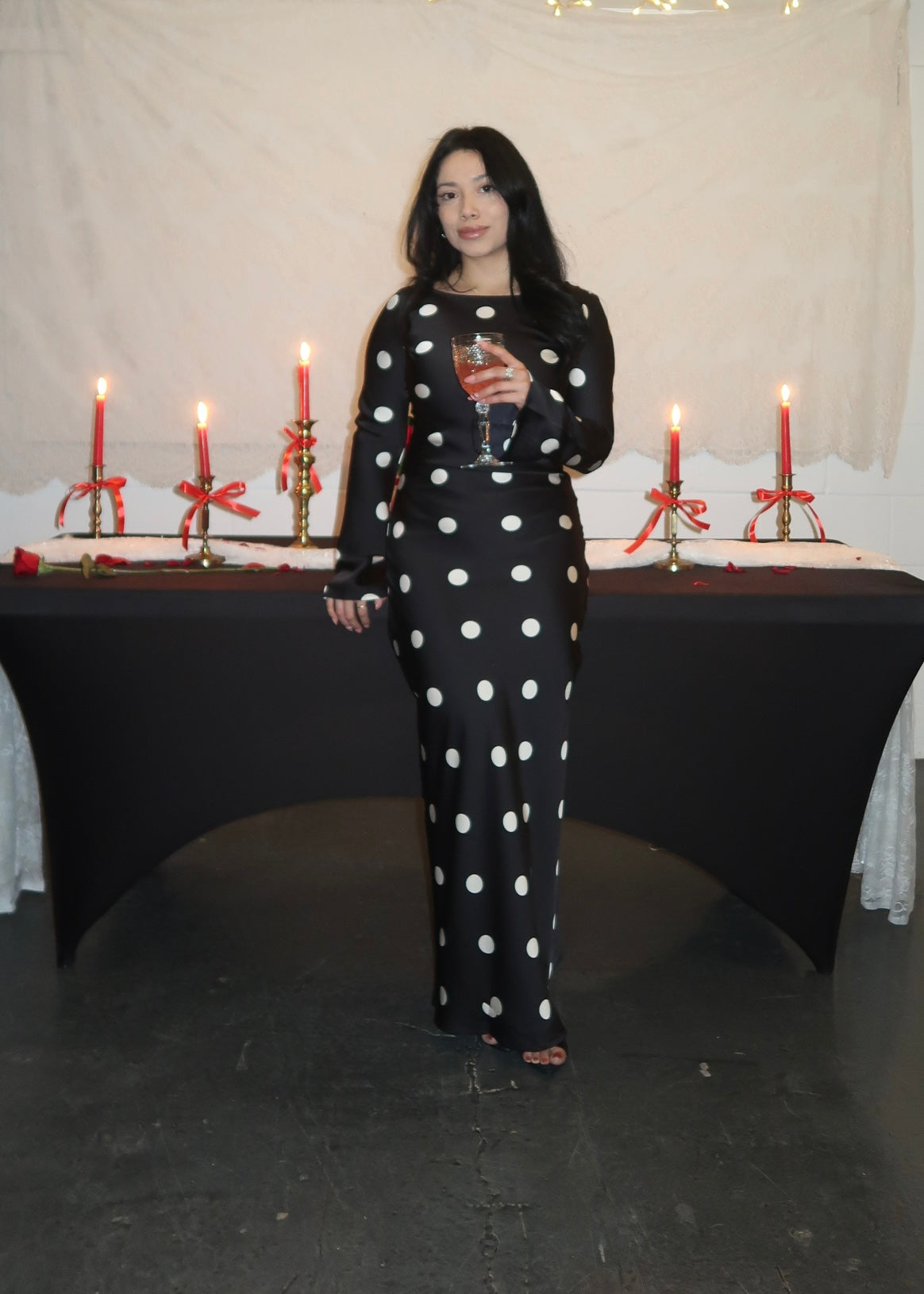 black polka dot maxi satin dress, long sleeve, flare sleeve