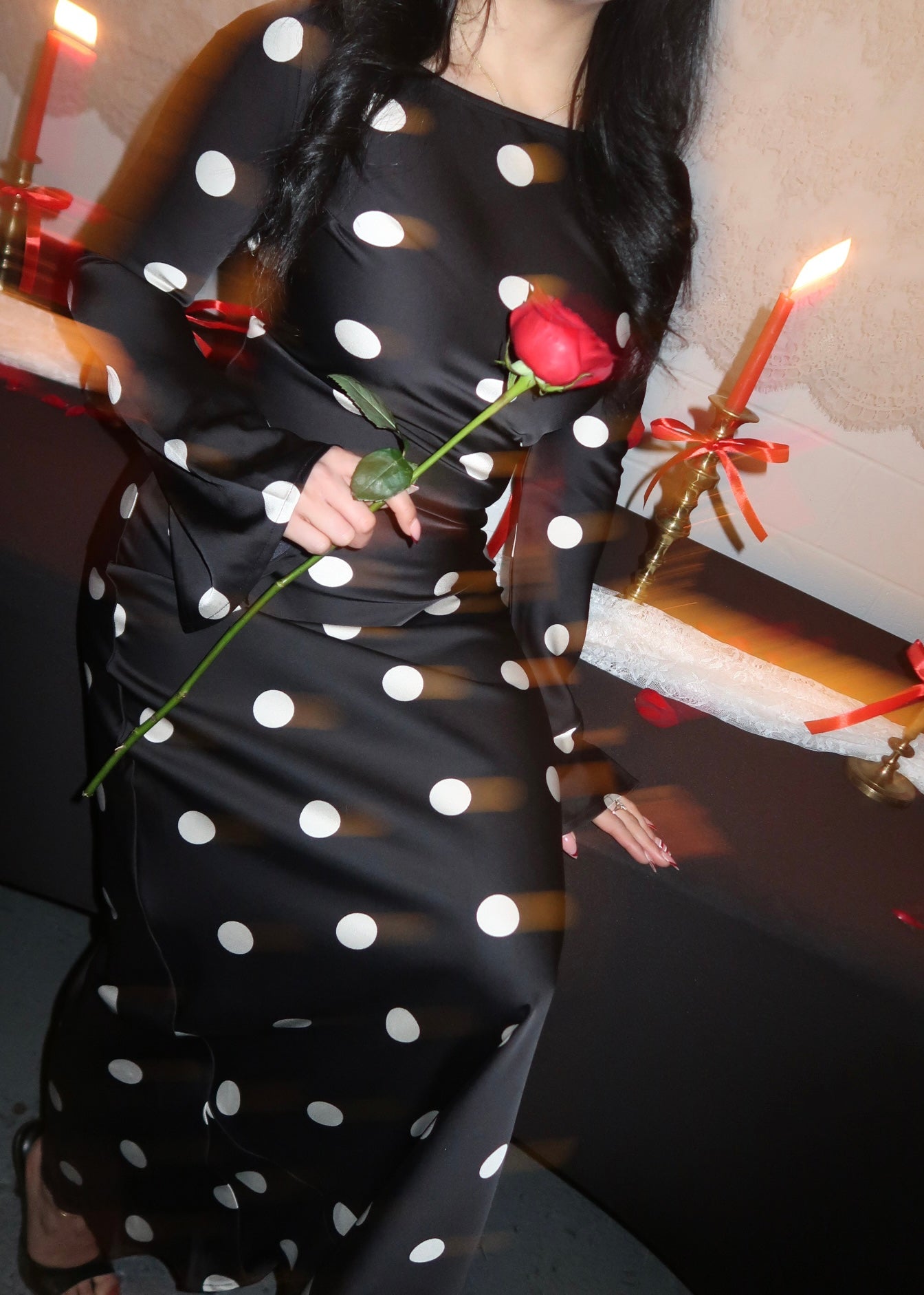 black polka dot maxi satin dress, long sleeve, flare sleeve