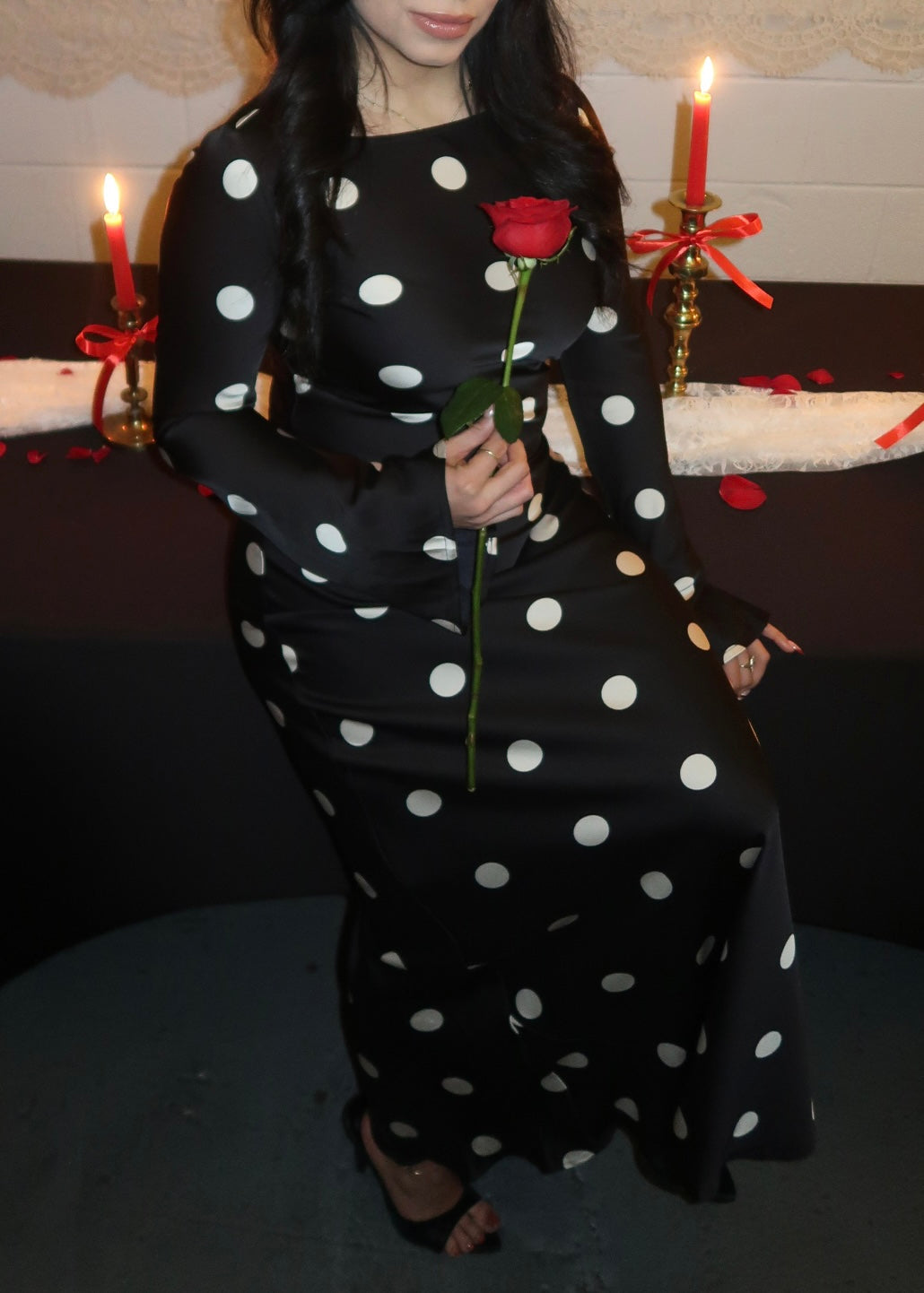 black polka dot maxi satin dress, long sleeve, flare sleeve
