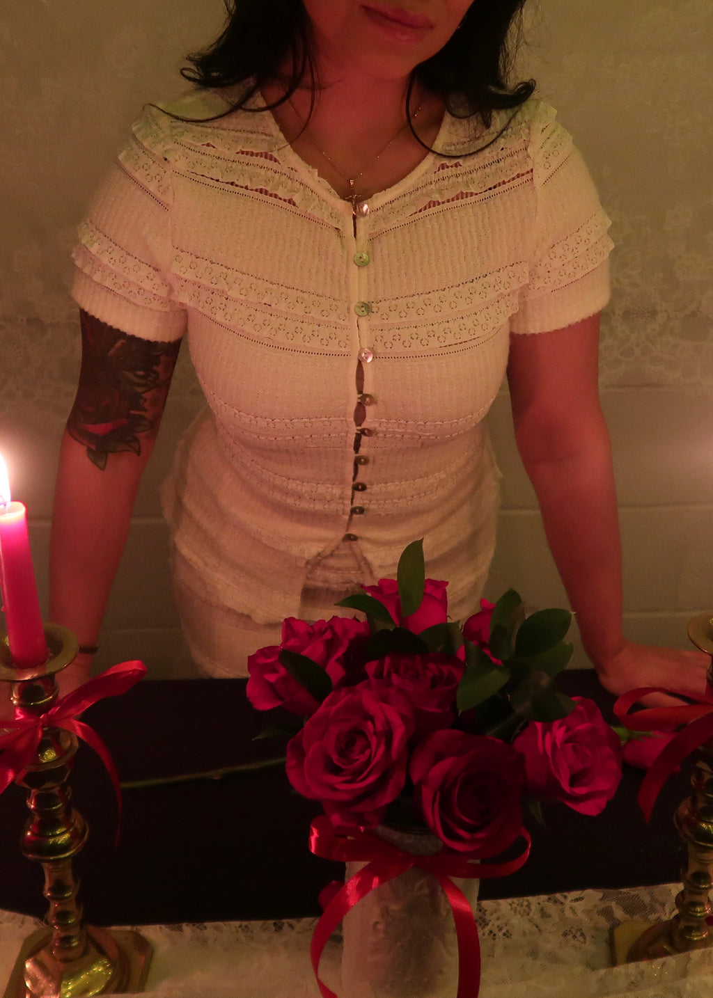 cream ivory lace blouse, short sleeve, button down, ruffles