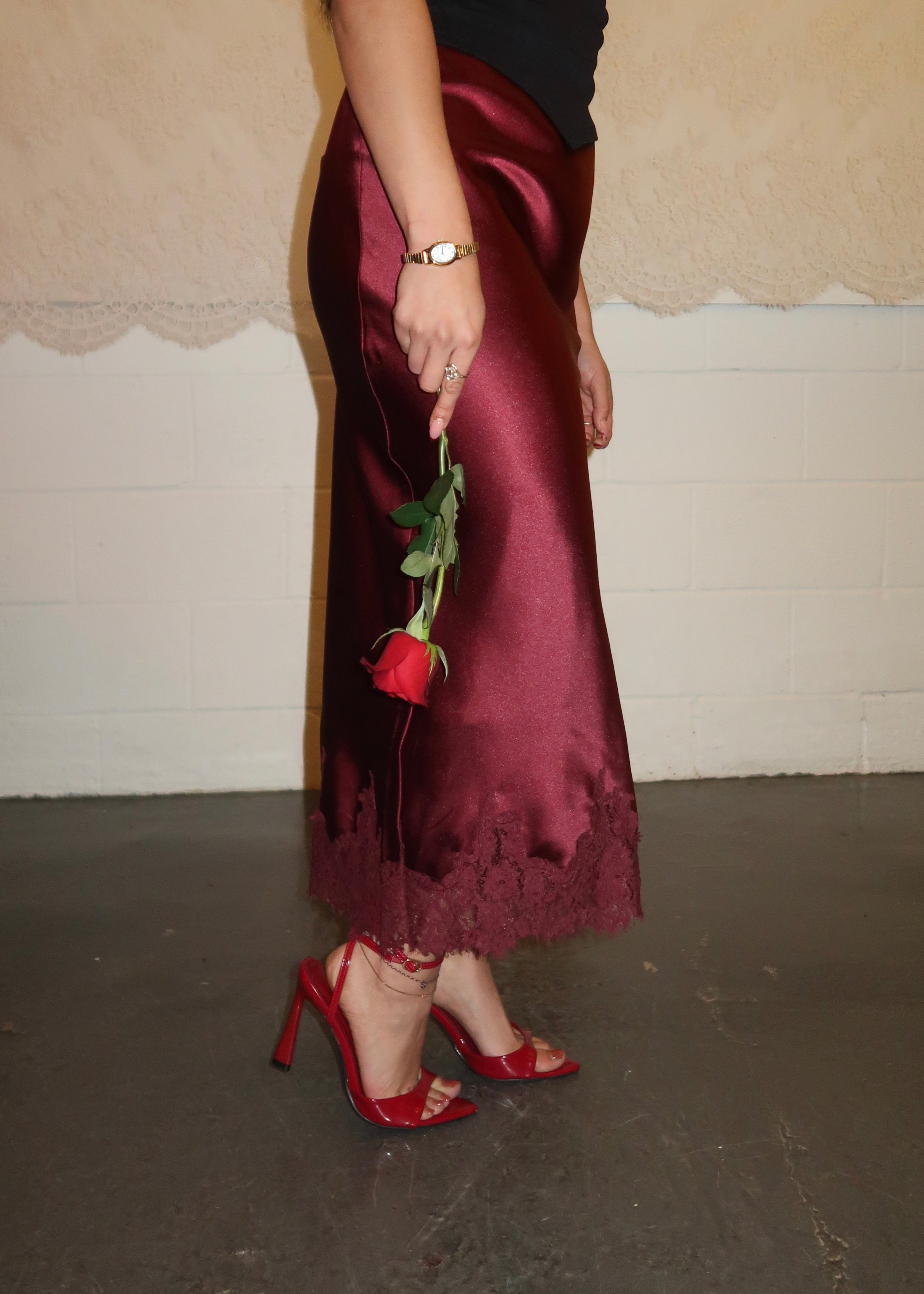 Wine satin lace midi skirt 