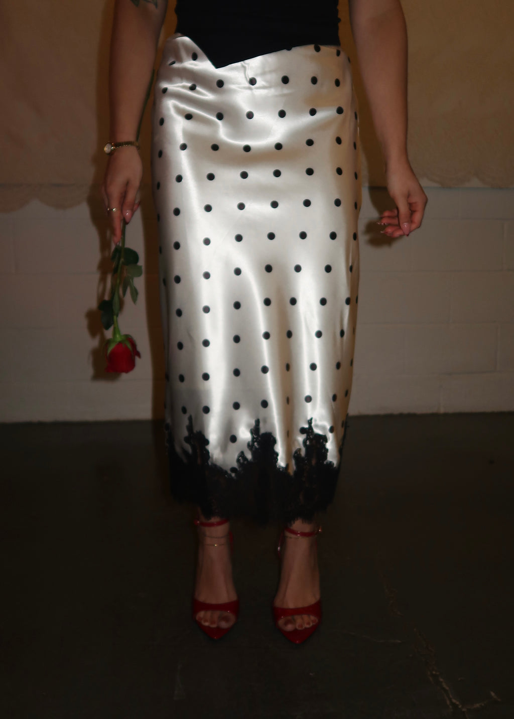 polka dot satin midi skirt, lace trim 
