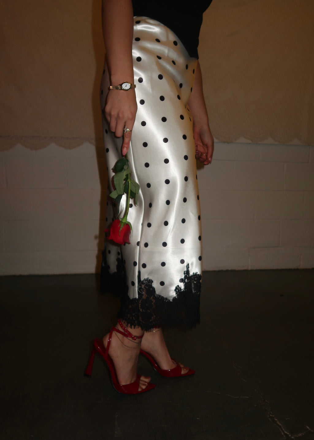 polka dot satin midi skirt, lace trim 