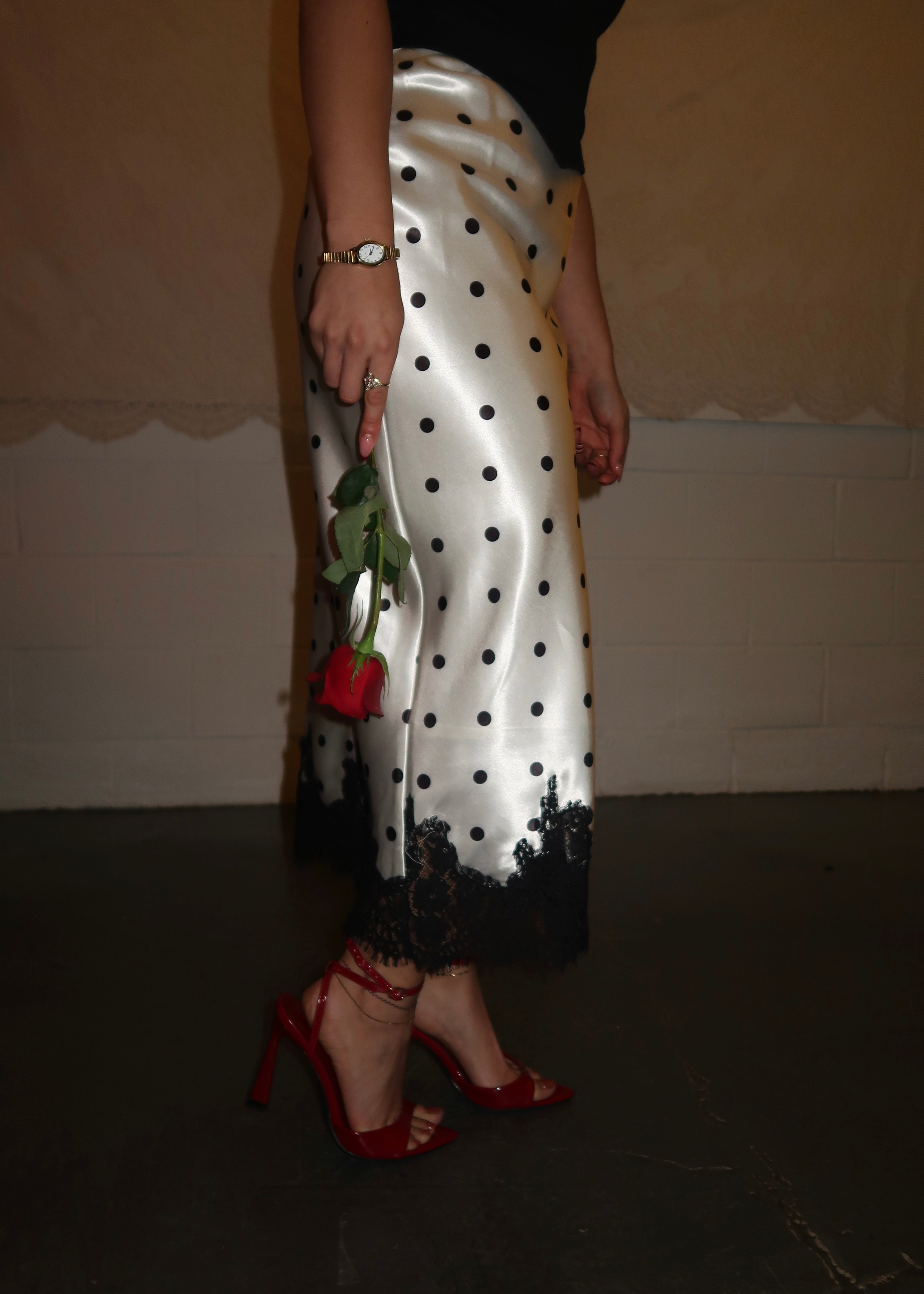 polka dot satin midi skirt, lace trim 