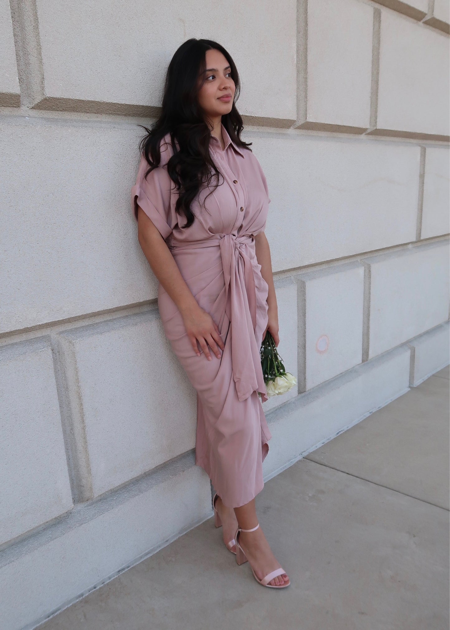 dusty rose midi dress, short sleeve, button down, pink, collared