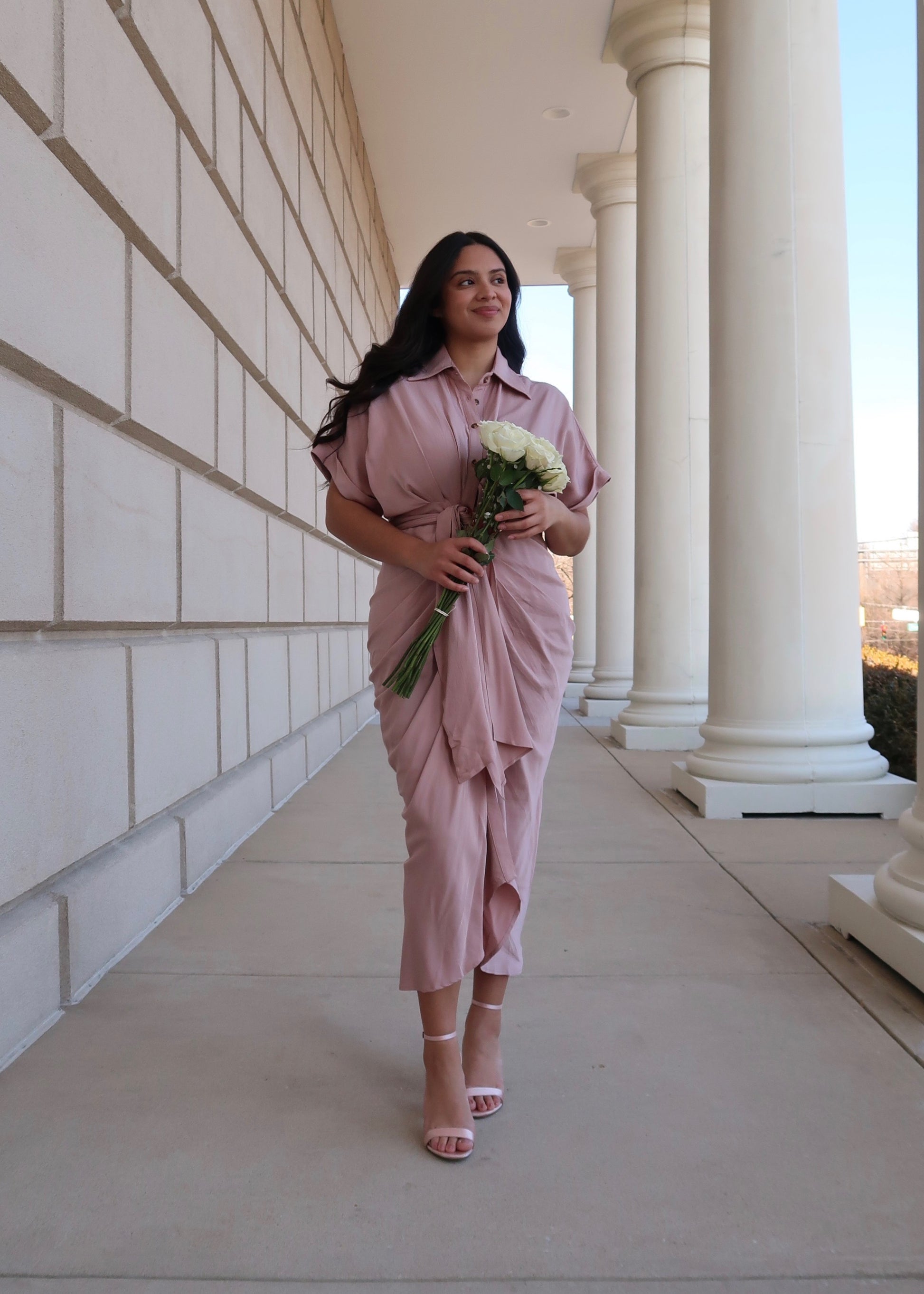 dusty rose midi dress, short sleeve, button down, pink, collared