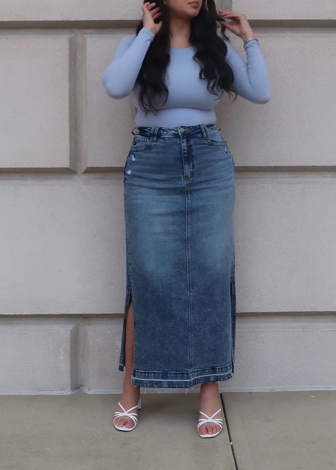 maxi denim skirt, medium wash, double side slits