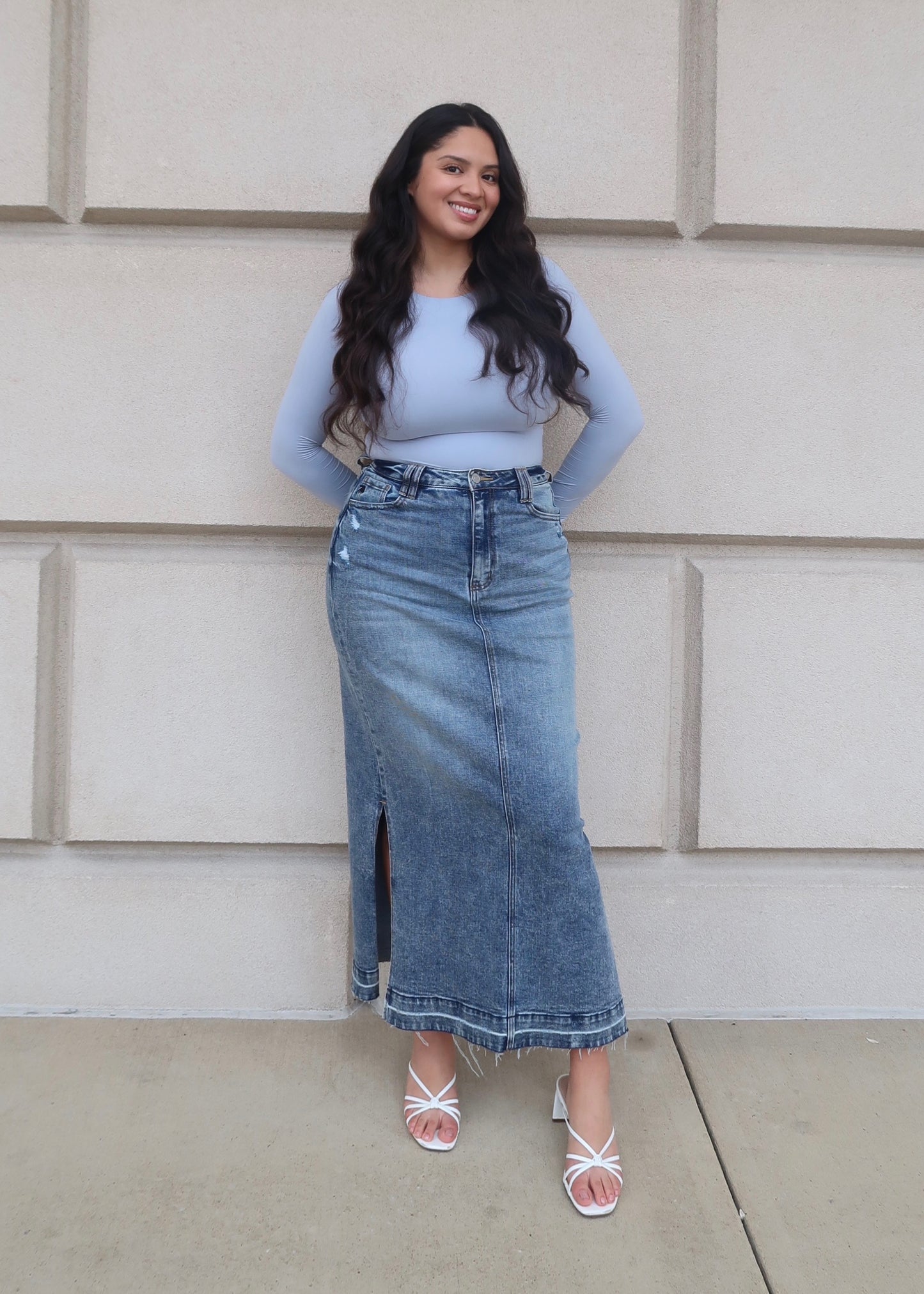 maxi denim skirt, medium wash, double side slits