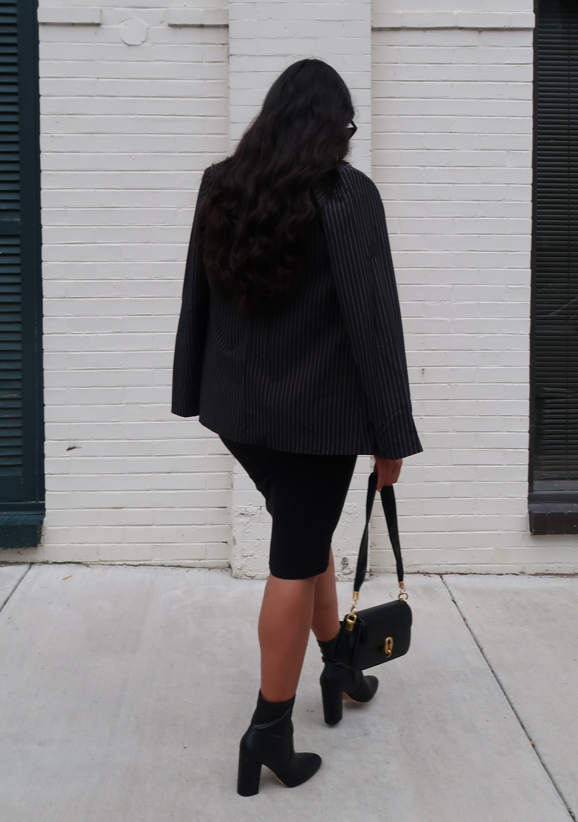 black pinstripe blazer, long sleeve, button