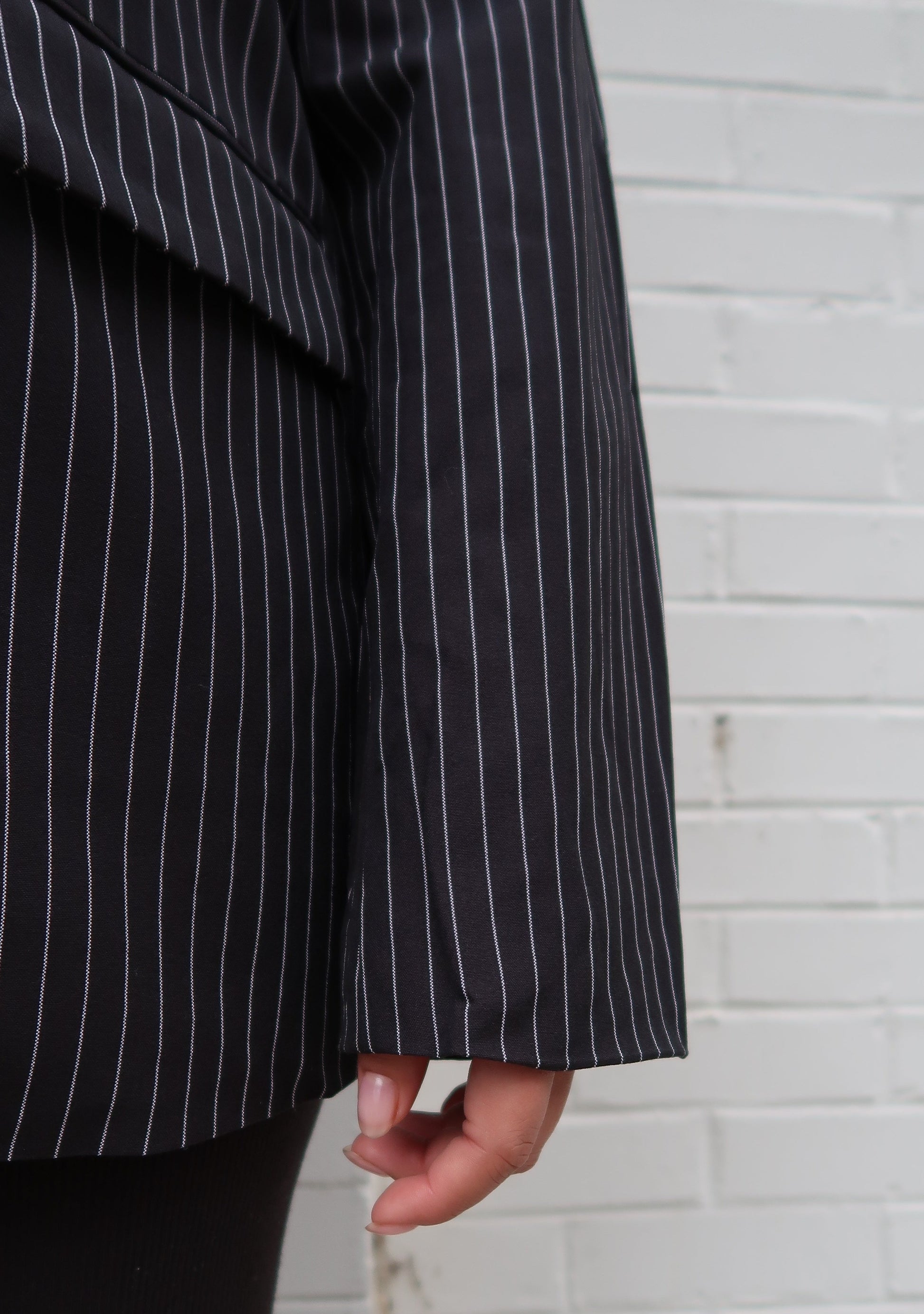 black pinstripe blazer, long sleeve, button