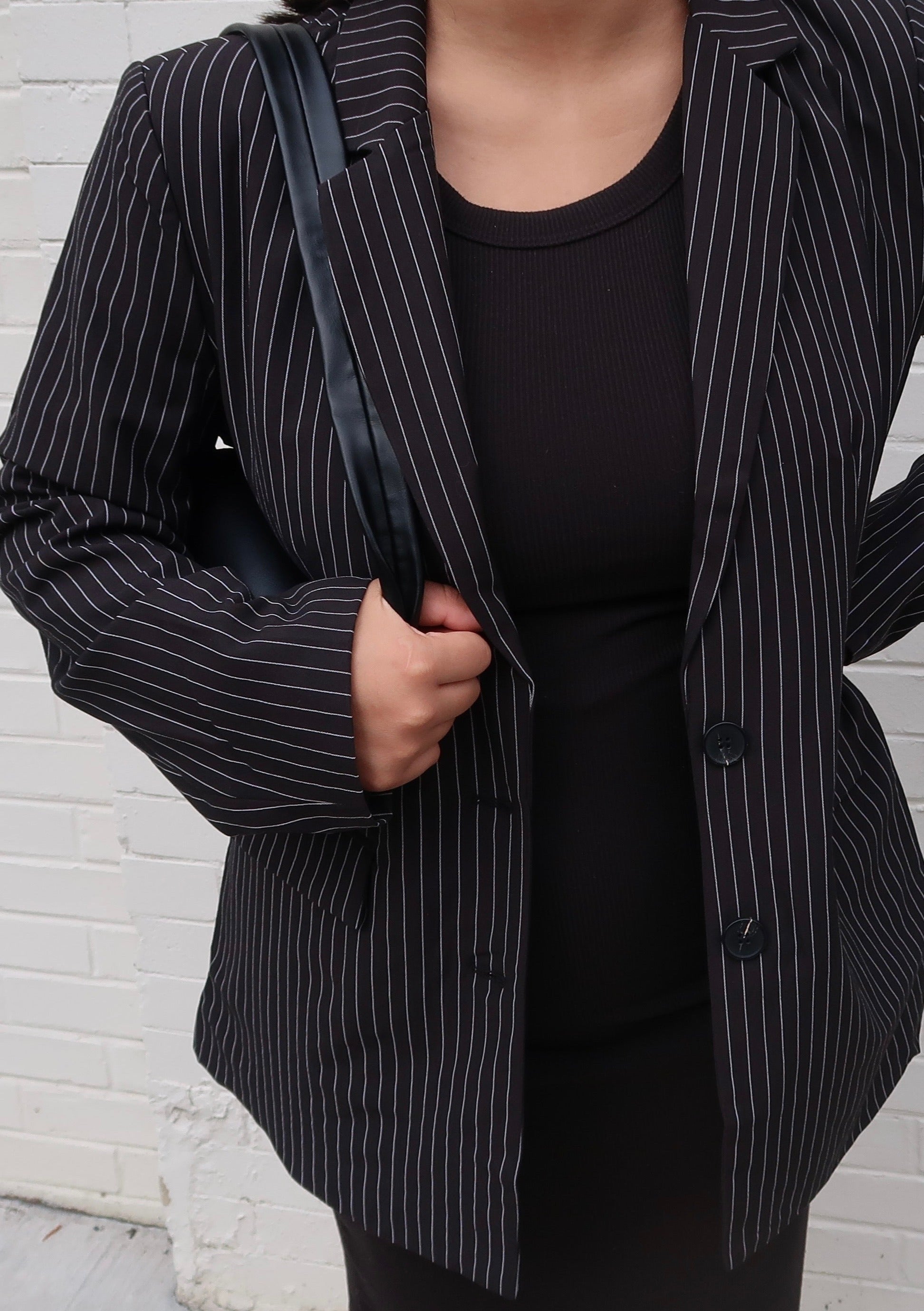 black pinstripe blazer, long sleeve, button