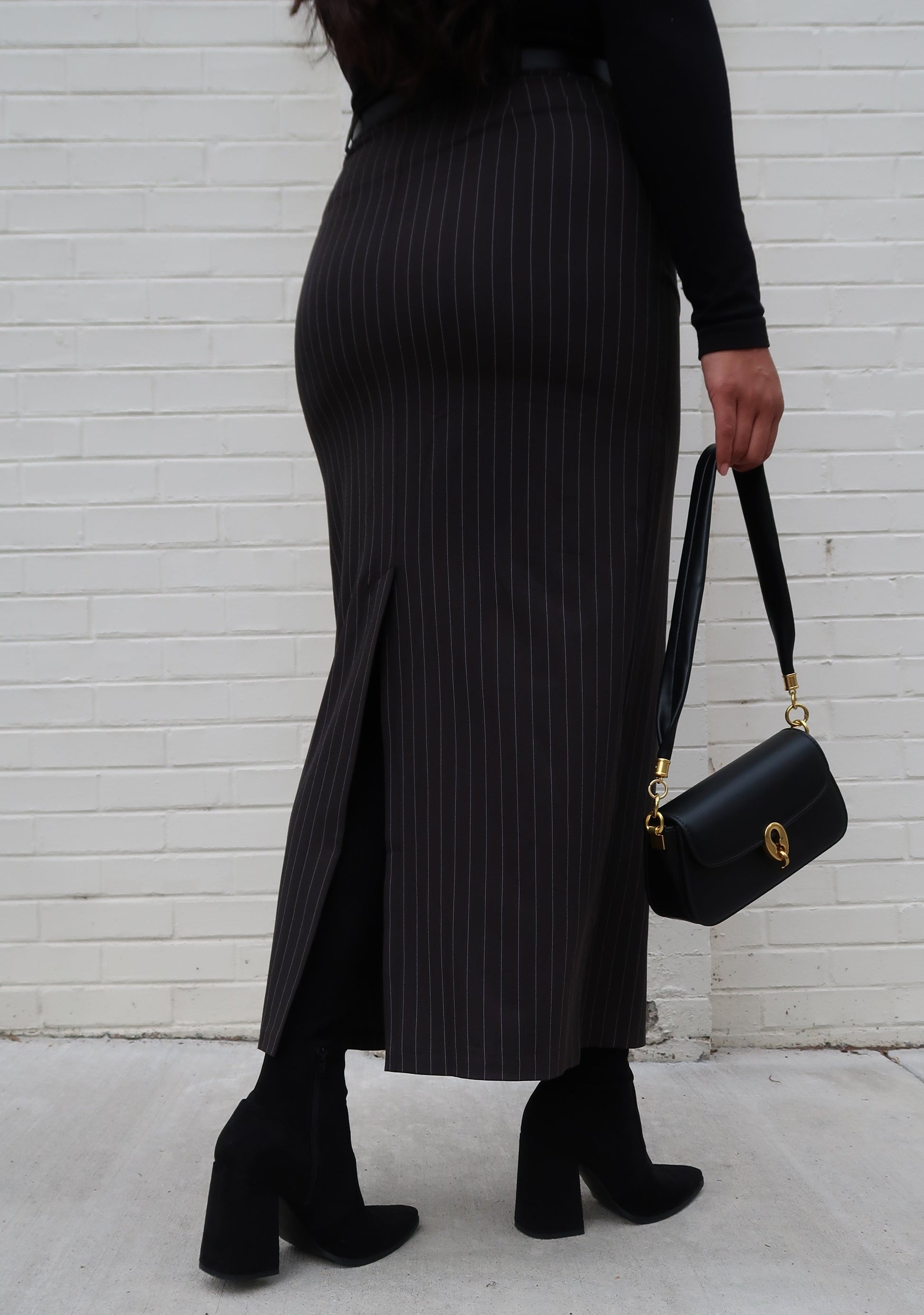 pinstripe maxi skirt, slit, washed black, black, grey