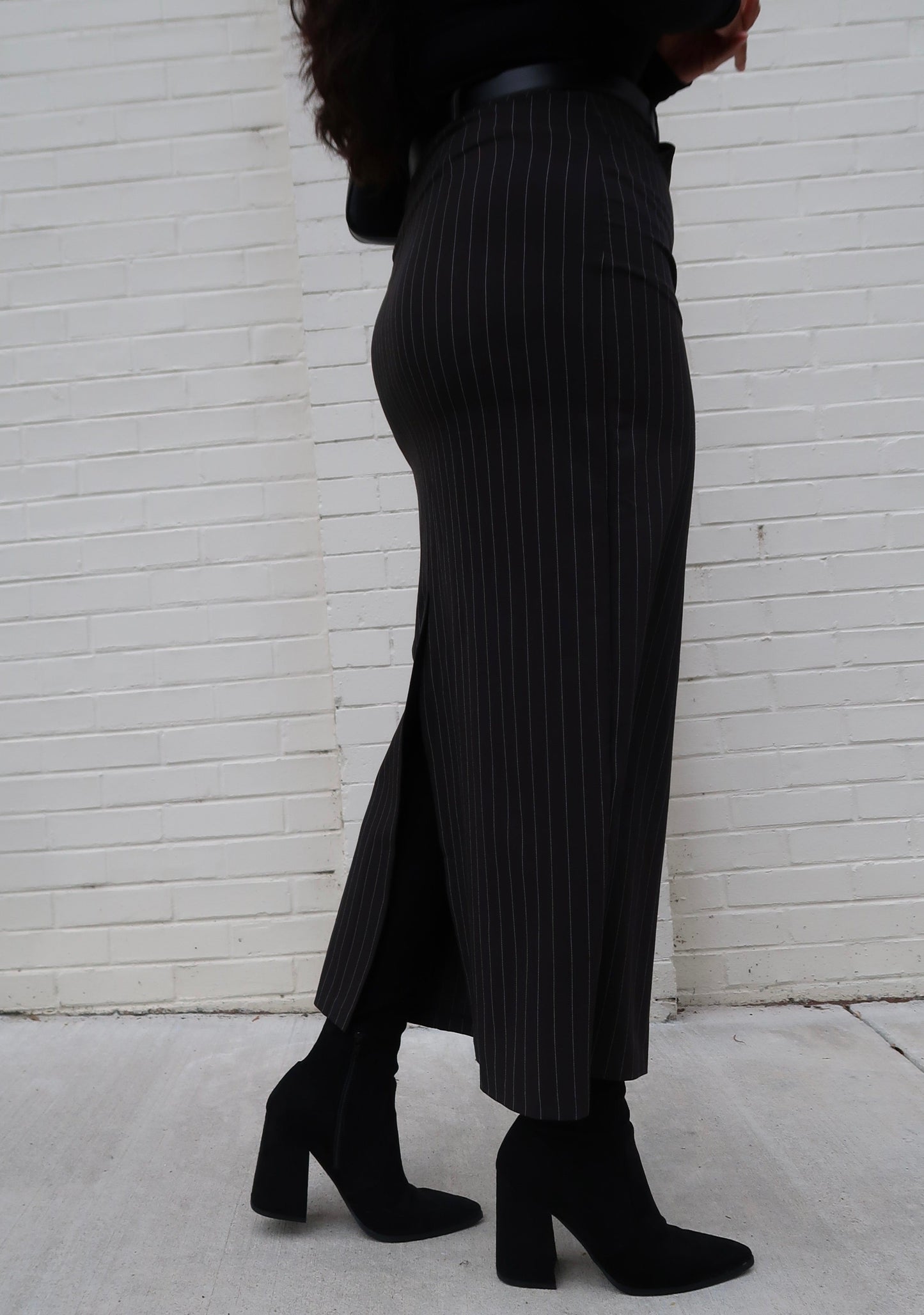 pinstripe maxi skirt, slit, washed black, black, grey