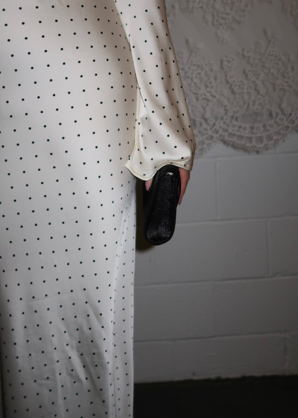 cream, white, satin, polka dot maxi dress, flare long sleeve