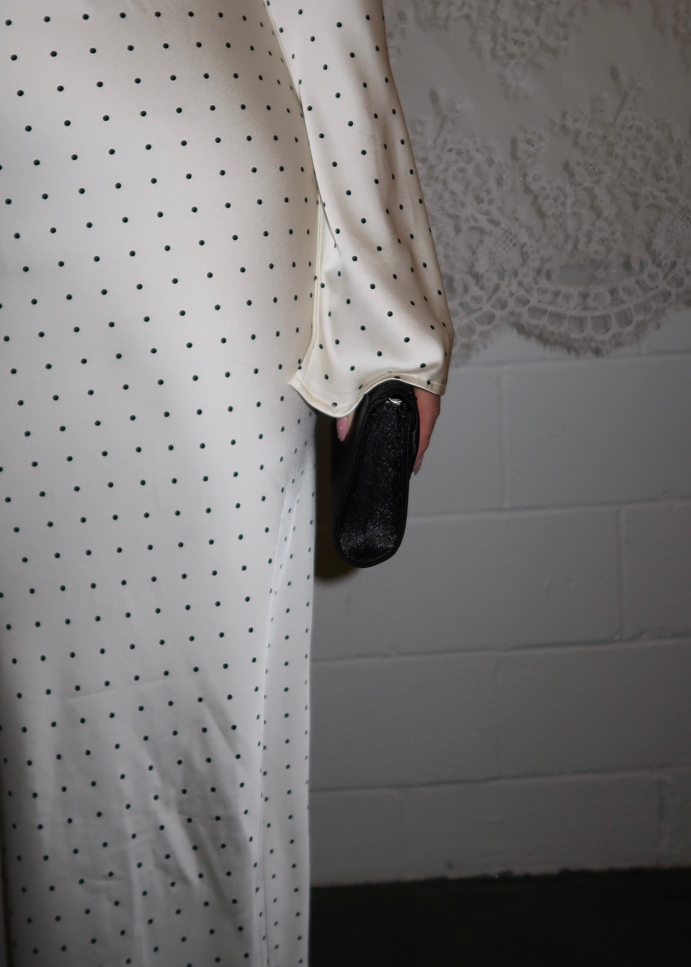 cream, white, satin, polka dot maxi dress, flare long sleeve