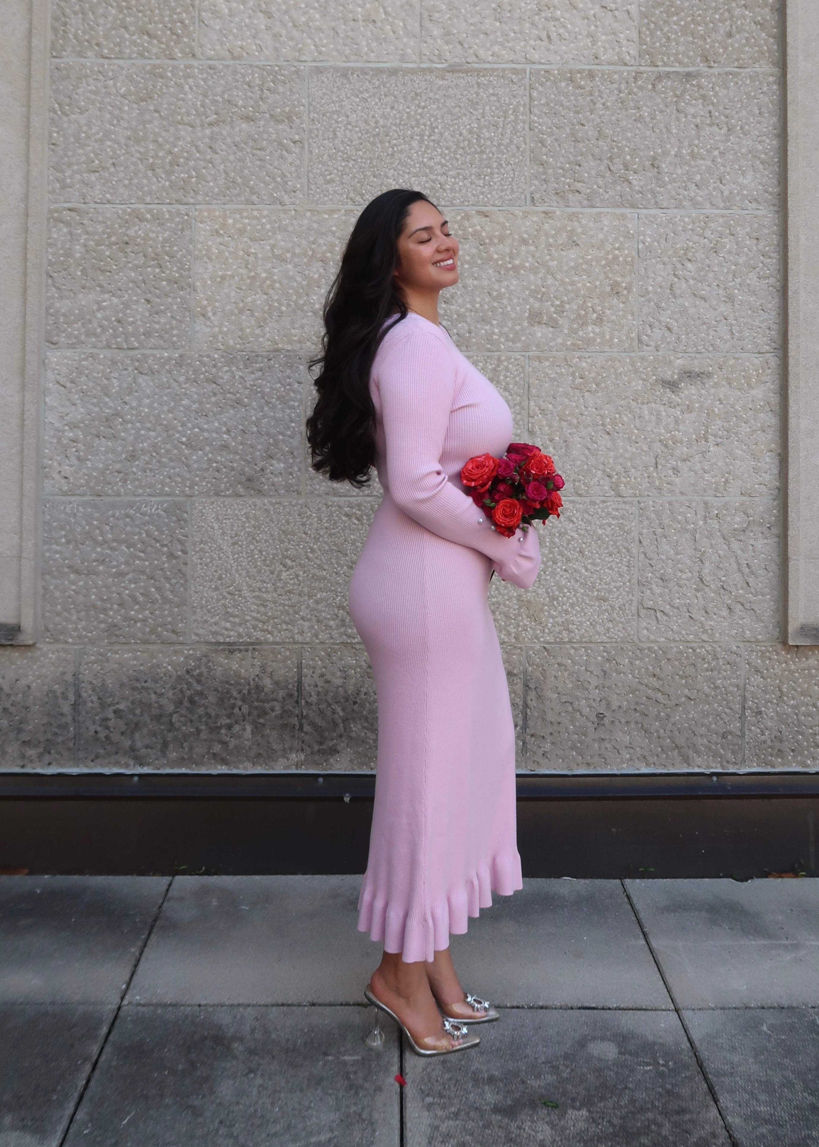 Pink long sleeve maxi dress, pearl, pink satin bow