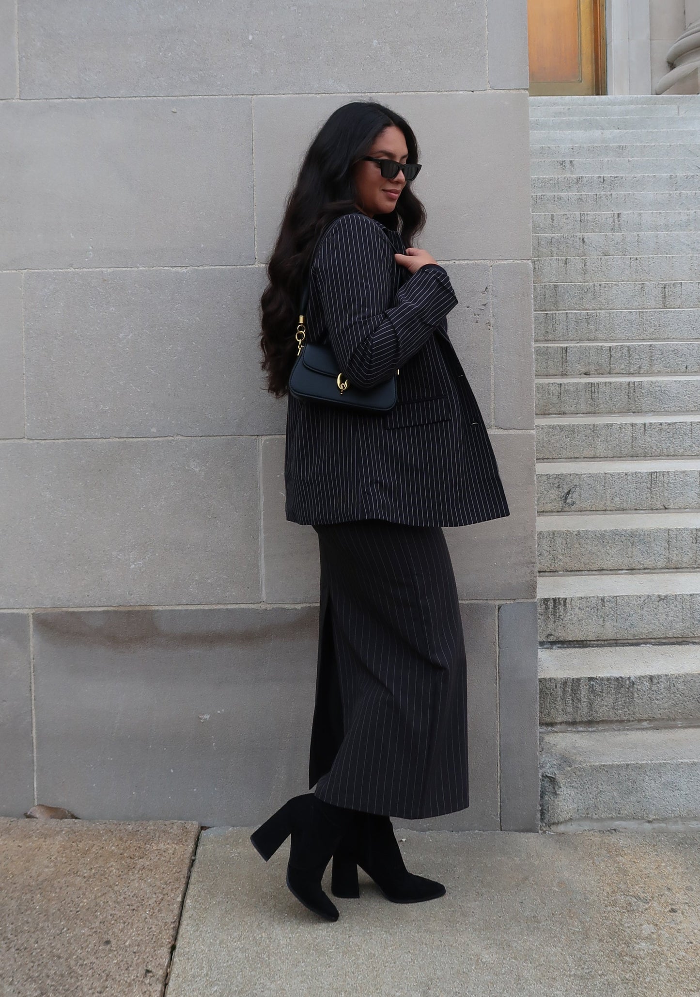 black pinstripe blazer, long sleeve, button