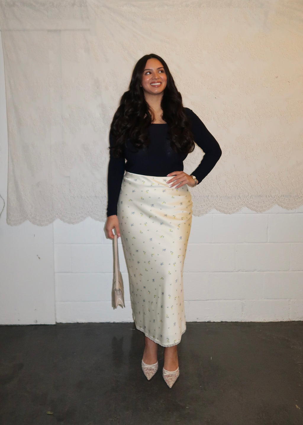 daisy satin midi skirt, lace trim, floral details, butter yellow, cream, satin