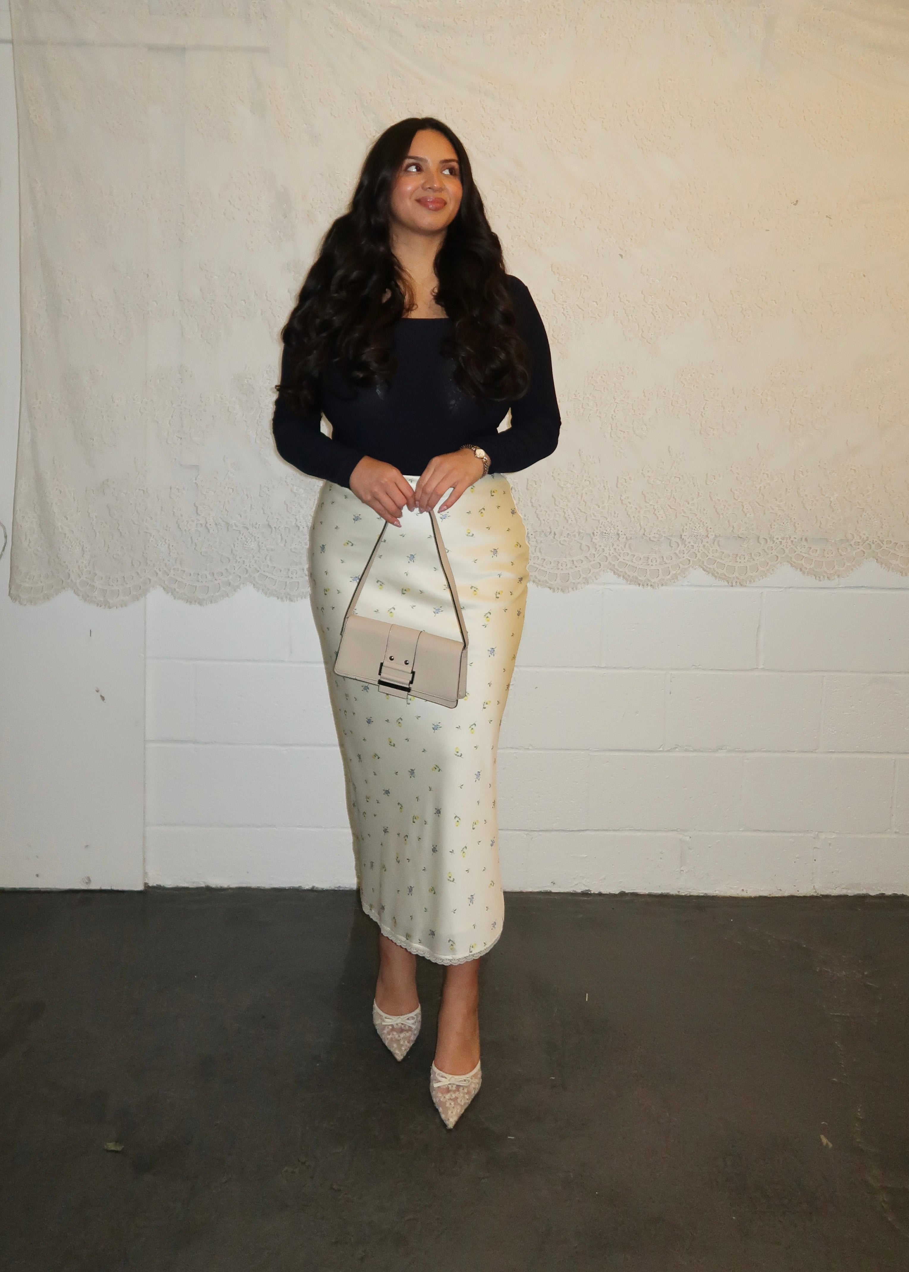 daisy satin midi skirt, lace trim, floral details, butter yellow, cream, satin