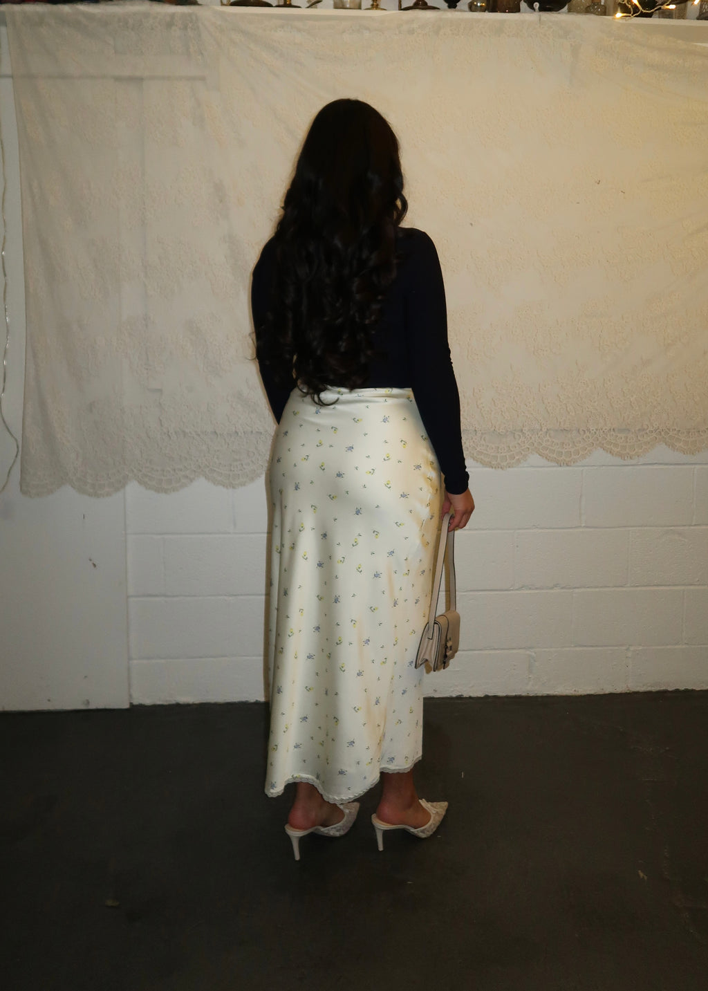 daisy satin midi skirt, lace trim, floral details, butter yellow, cream, satin