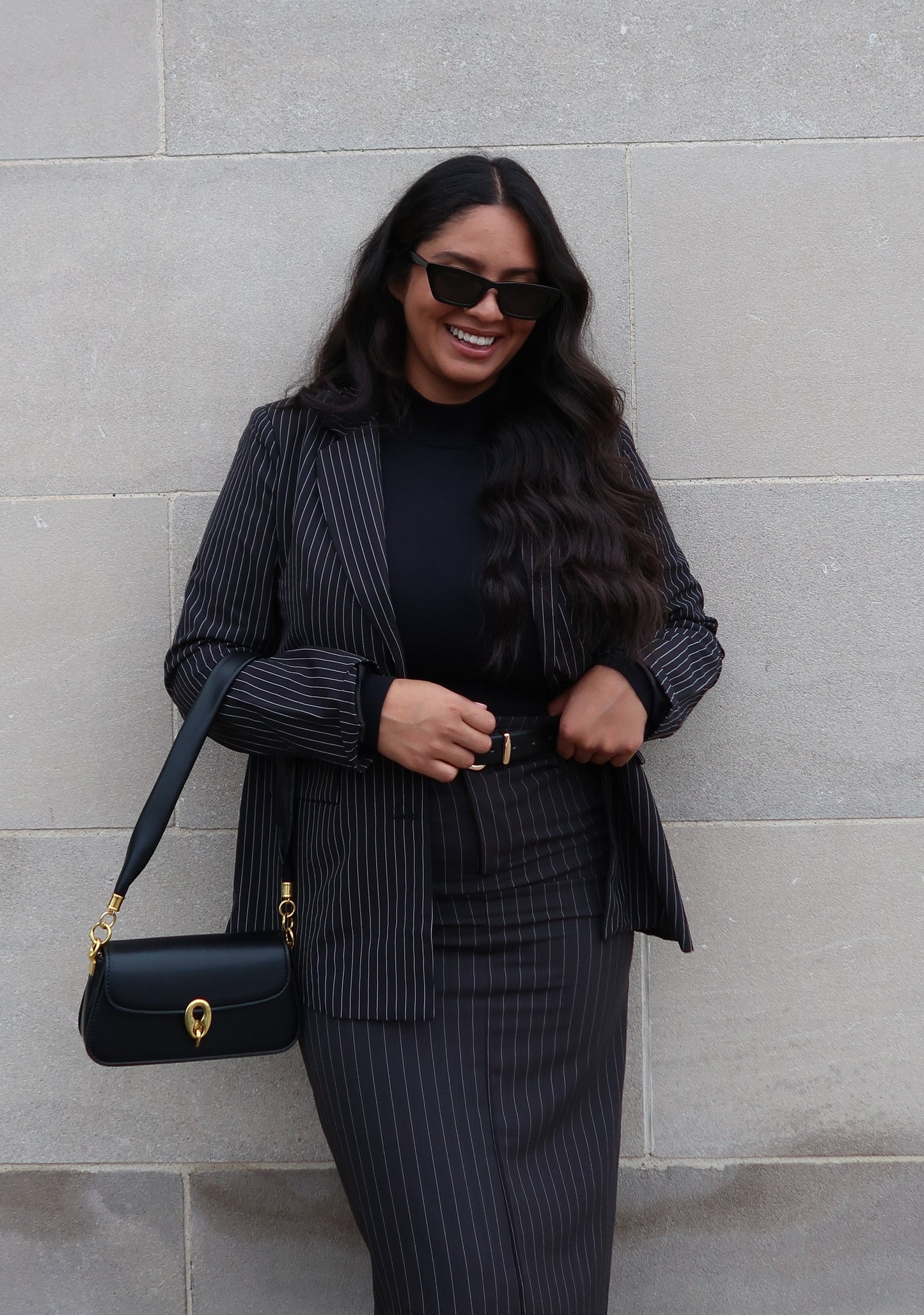 black pinstripe blazer, long sleeve, button