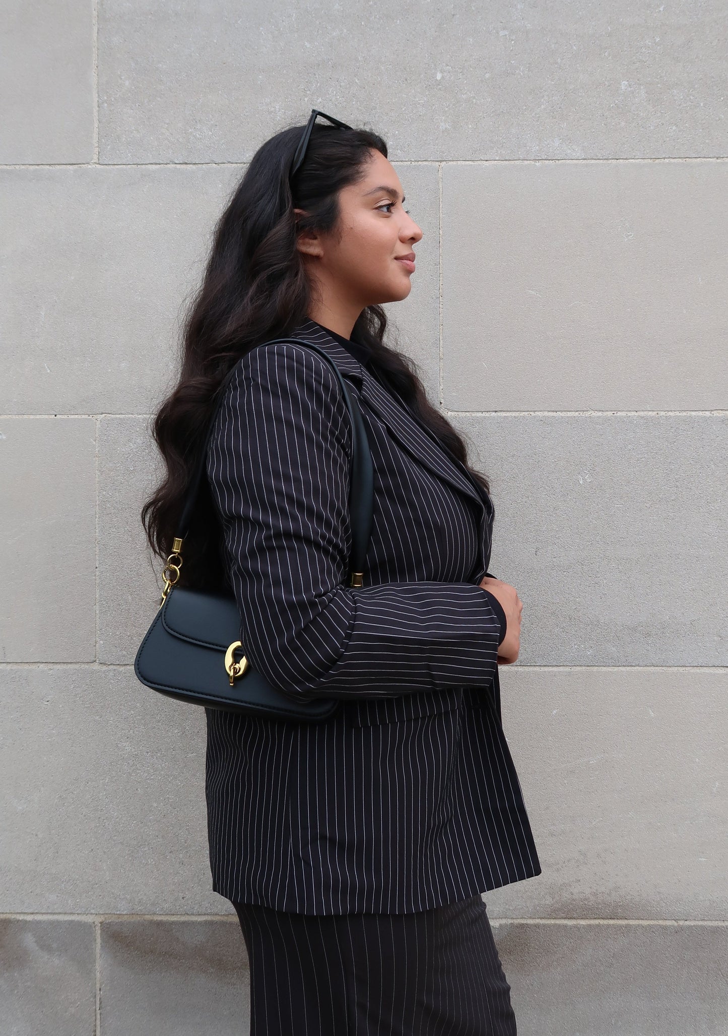 black pinstripe blazer, long sleeve, button