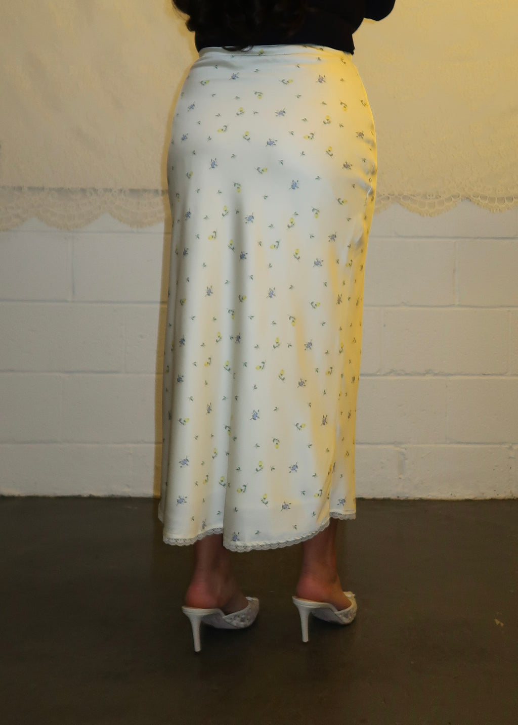daisy satin midi skirt, lace trim, floral details, butter yellow, cream, satin