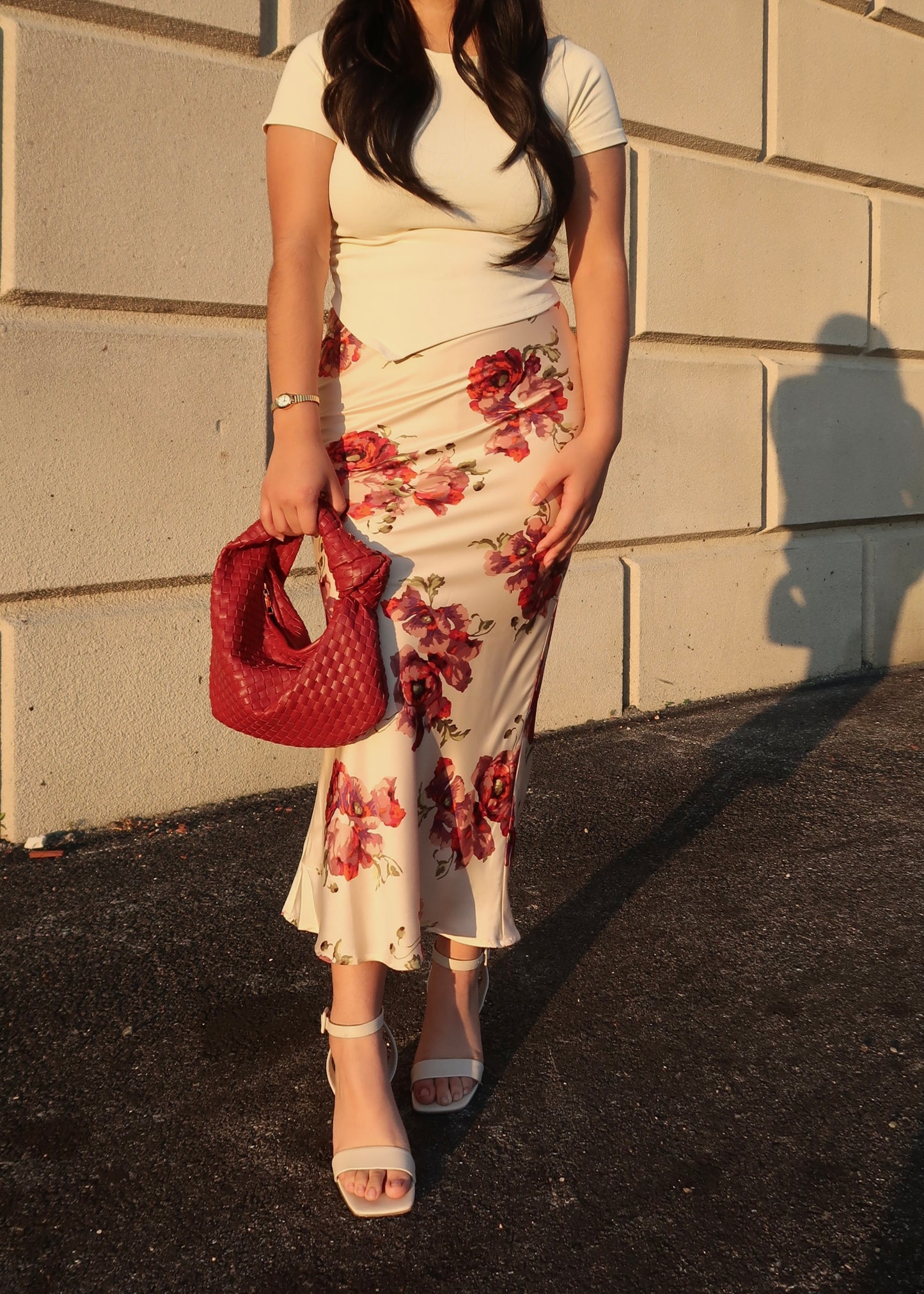 rose, cream, off white, light pink floral satin midi skirt