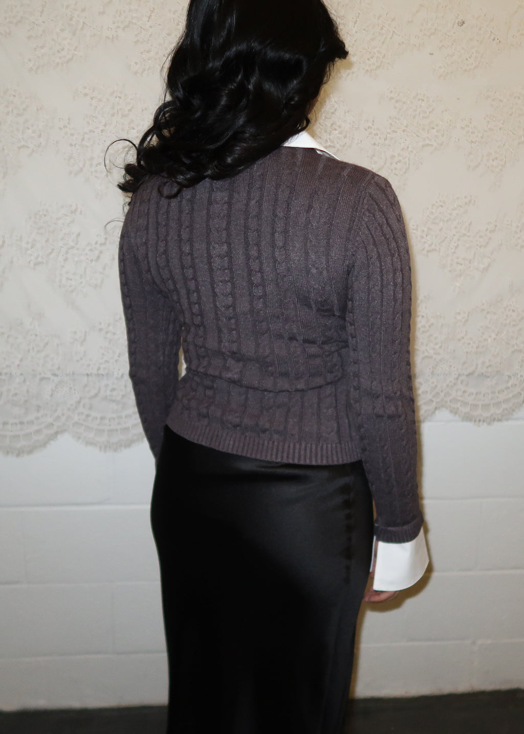 Grey cable knit cardigan sweater 