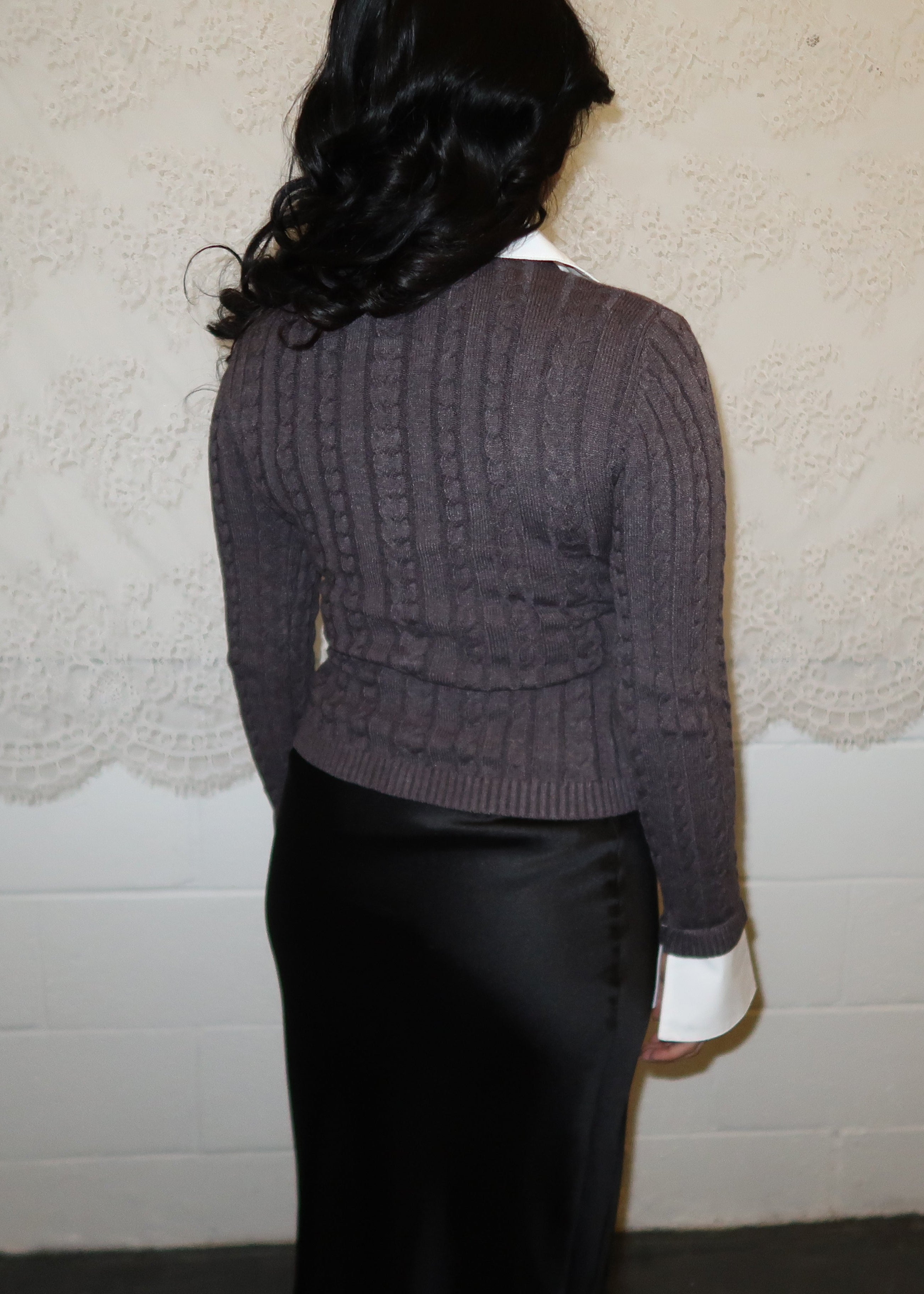 Grey cable knit cardigan sweater 