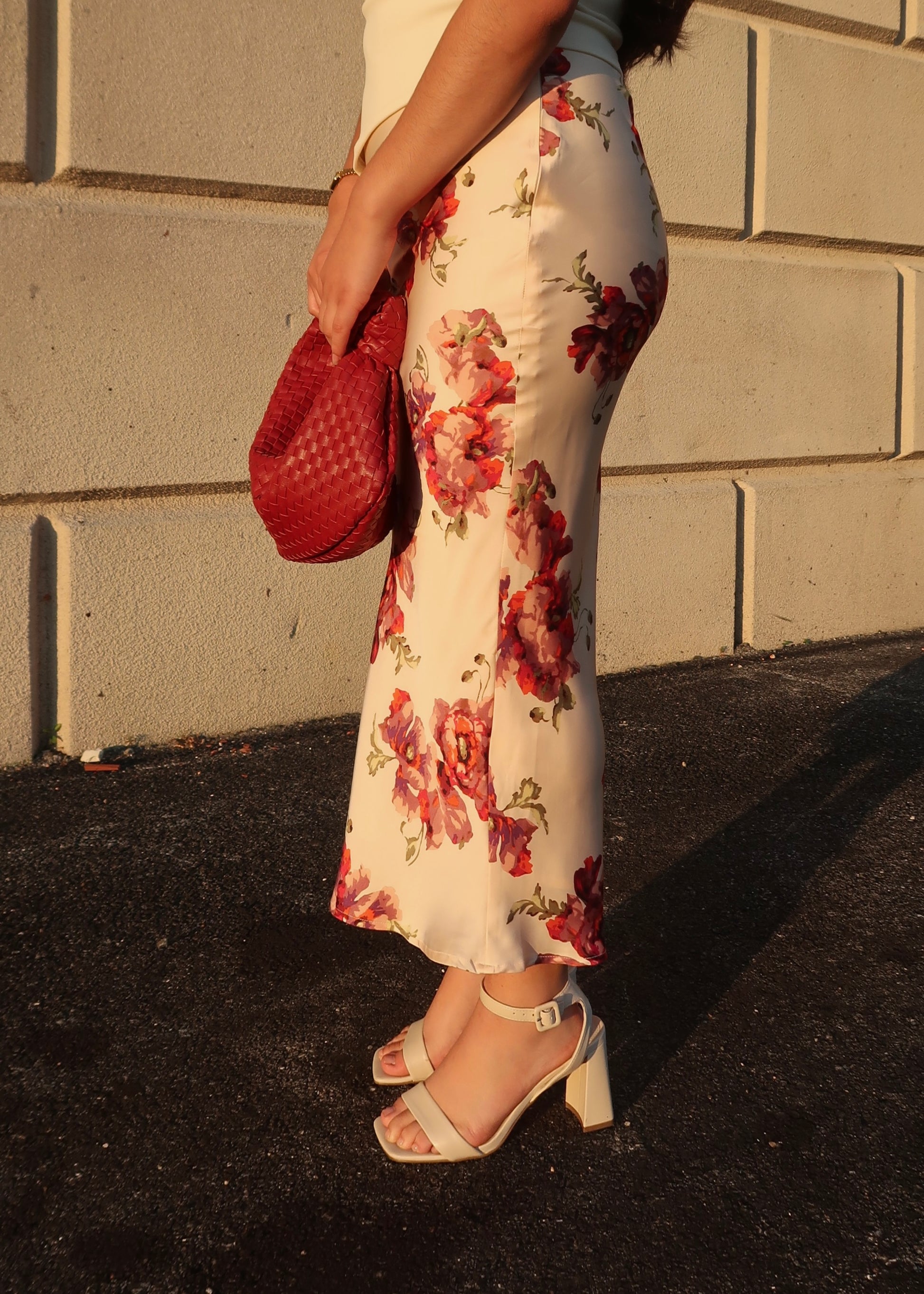 rose, cream, off white, light pink floral satin midi skirt