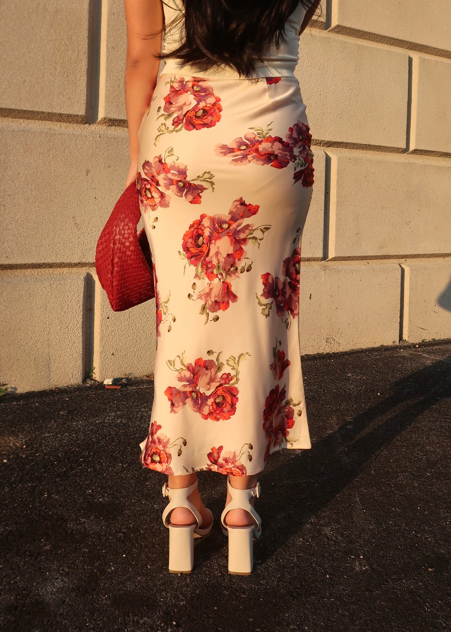 rose, cream, off white, light pink floral satin midi skirt