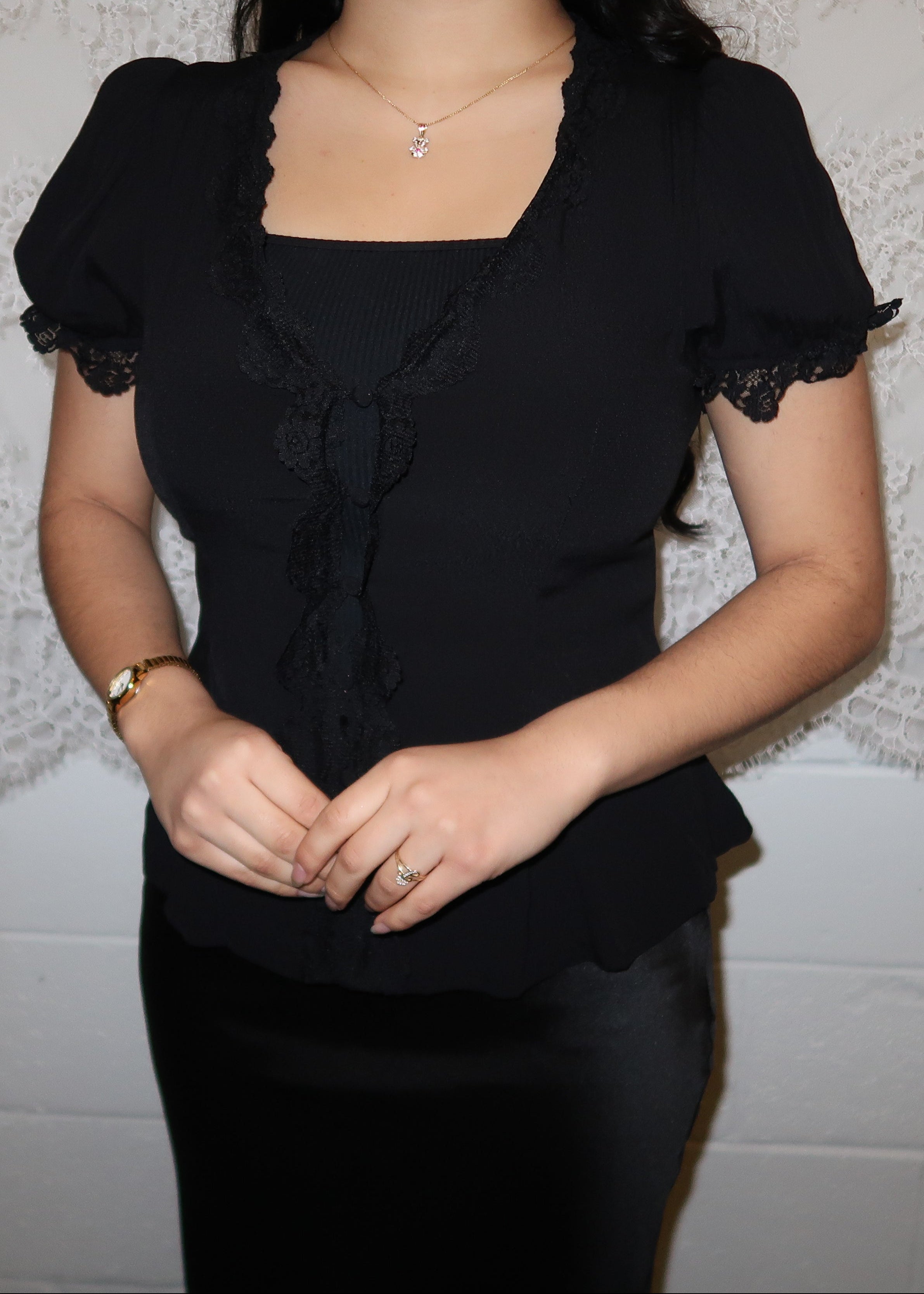 Lace trim black blouse, buttons, fit and flare, short sleeve