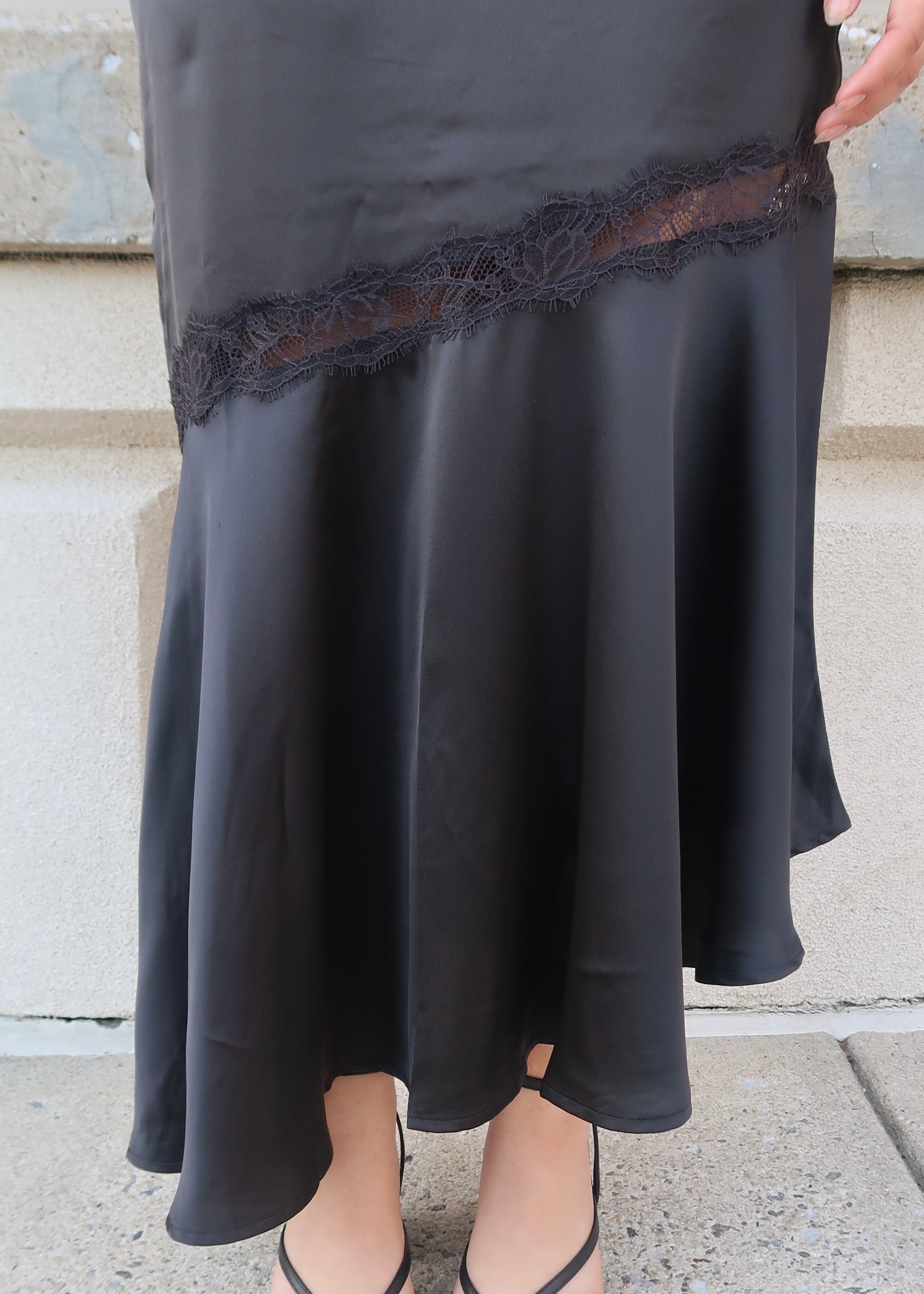 black satin asymmetrical midi skirt lace detail